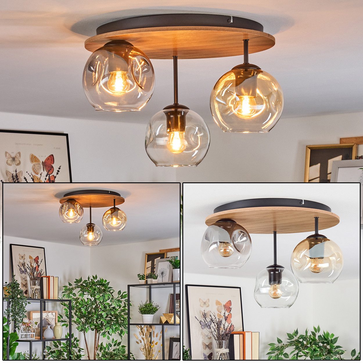 hofstein Deckenleuchte Deckenlampe aus Metall/Holz/Glas in Schwarz/Natur/Ra günstig online kaufen