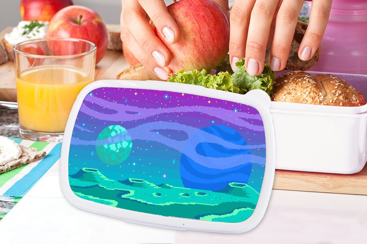 Jungs Brotdose, Erwachsene, weiß Mond, - (2-tlg), Brotbox und für Pixel MuchoWow Mädchen Spiele Art Kinder Lunchbox und - für Kunststoff,