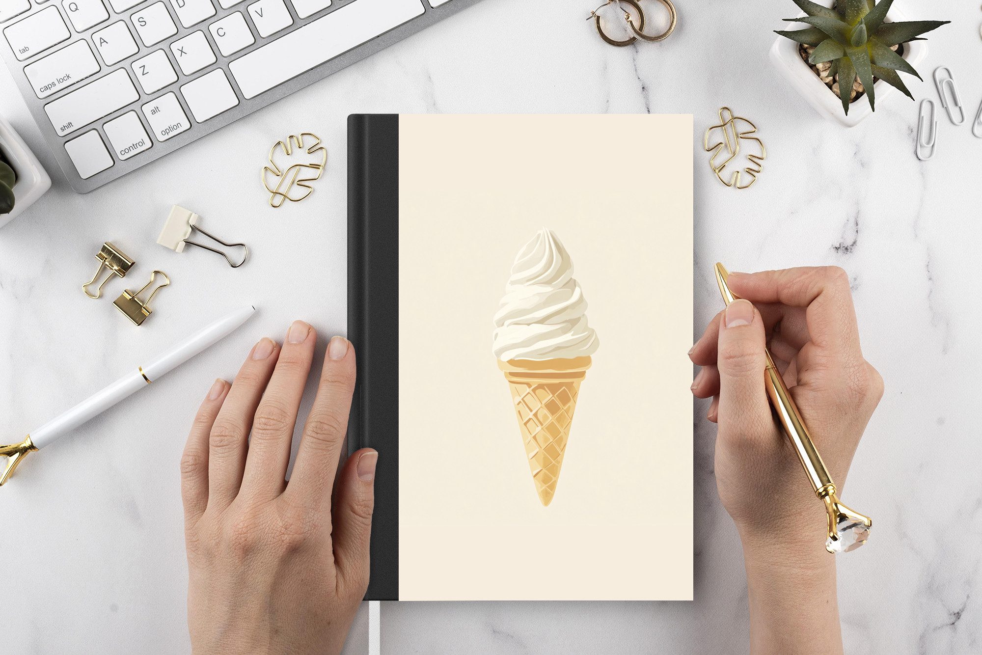 MuchoWow Notizbuch Eiswaffel - Weiß, Notebook, Notizblock a5, Tagebuch, Journal Liniert
