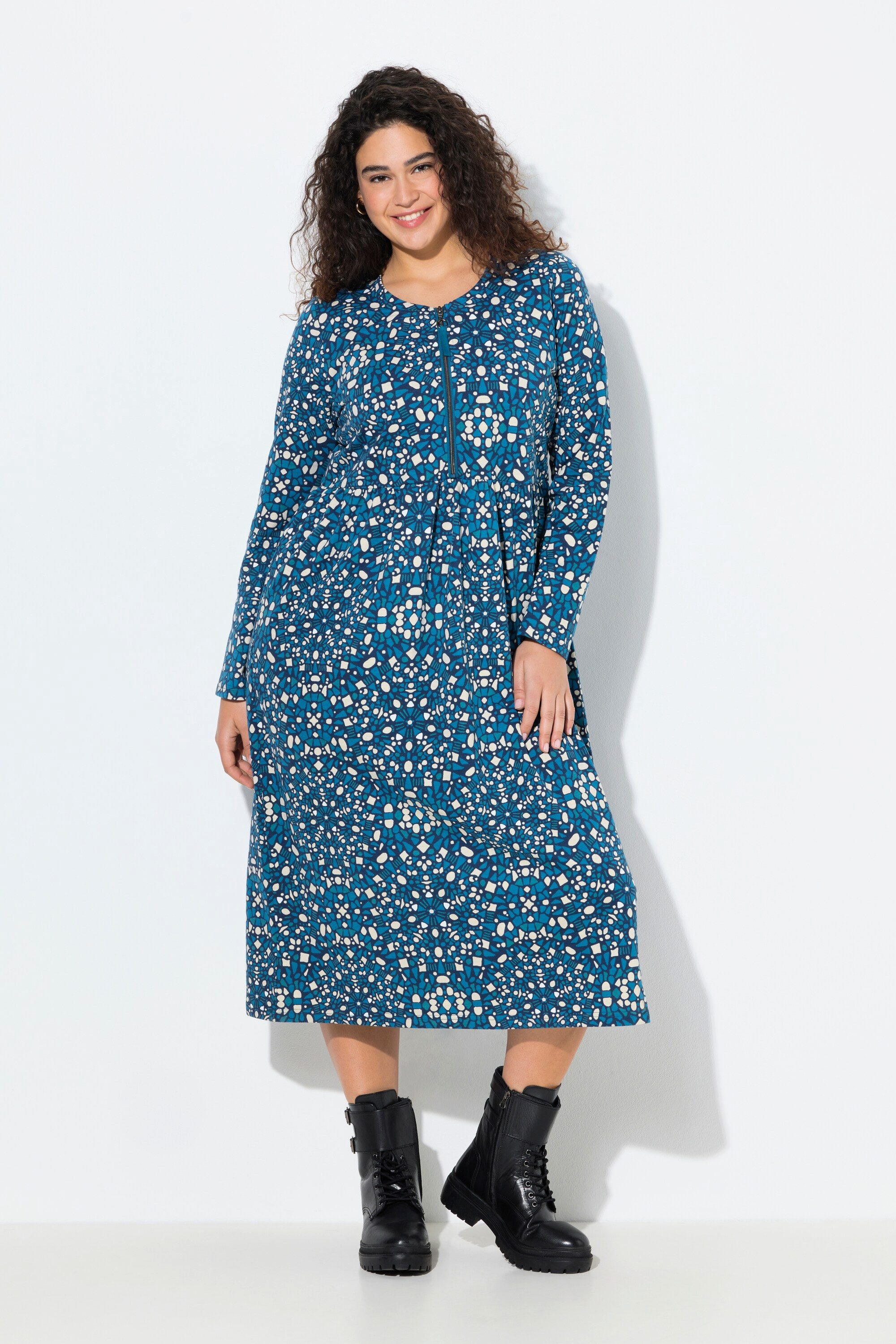 Ulla Popken Jerseykleid Sweat-Midikleid Zipper A-Linie Rundhals Langarm günstig online kaufen