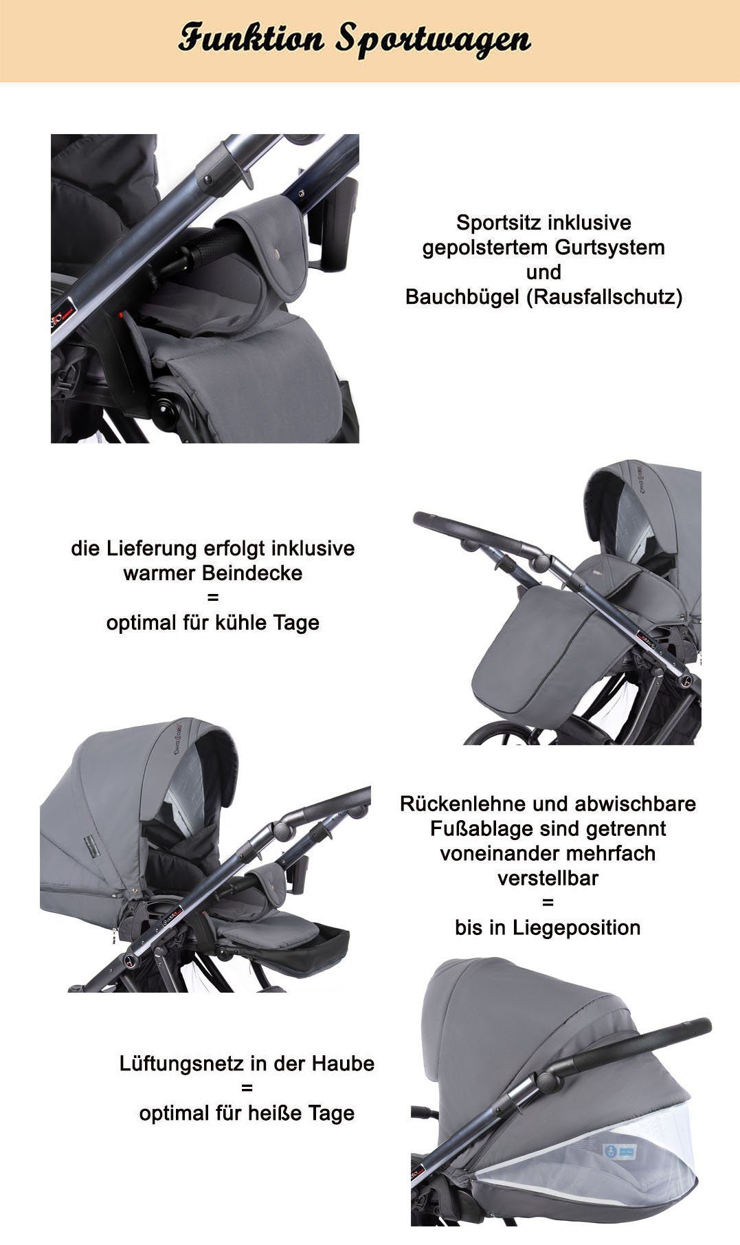 babies-on-wheels Kombi-Kinderwagen 2 in 16 Farben - in - Dante 1 Teile Kinderwagen-Set 11 kupfer = Türkis Gestell