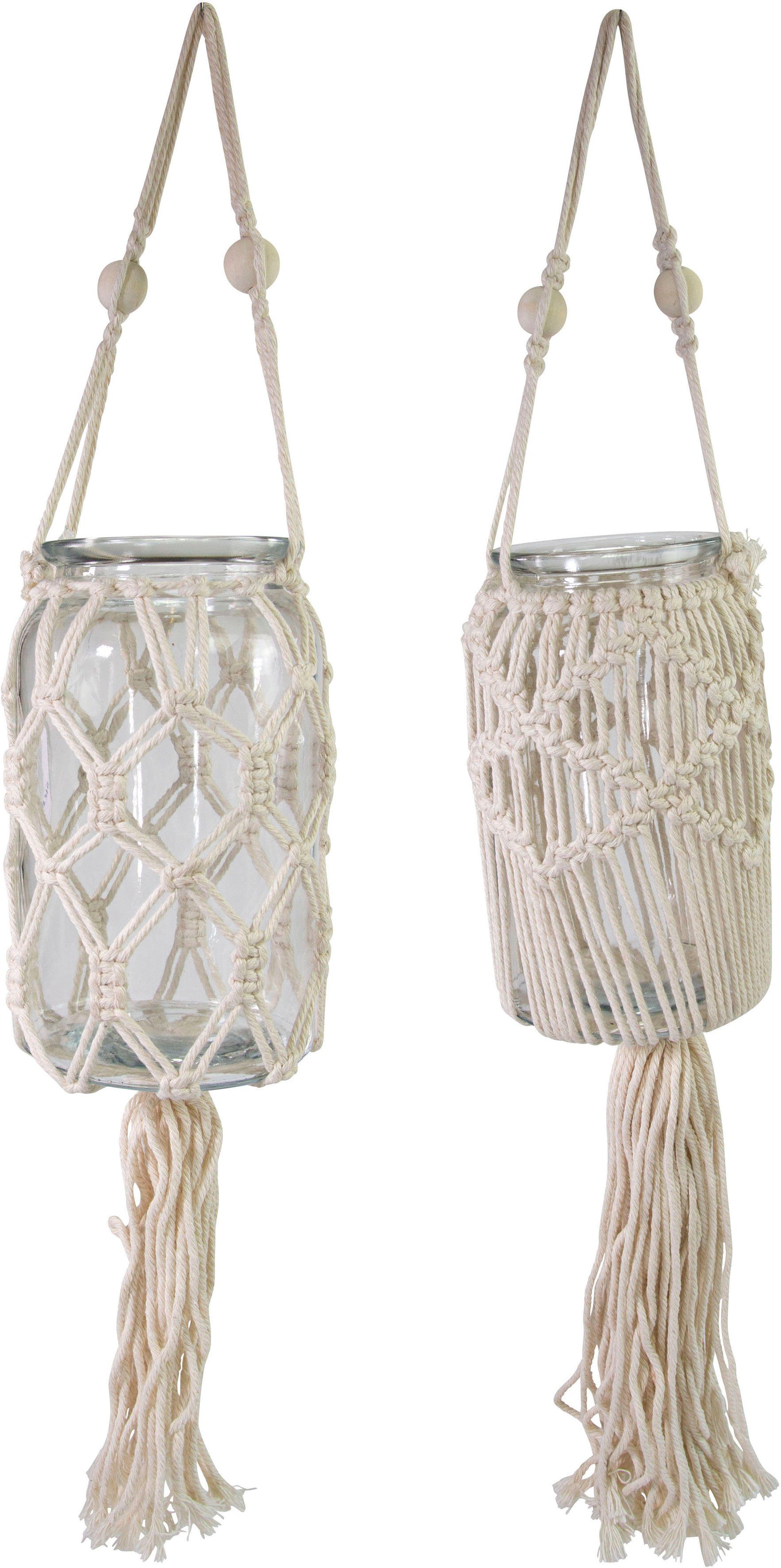 Timbers Hängewindlicht Kerzenhalter Baumwolle, (1 ca. aus zum Makramee, Ø Glas Eulonia Hängen und cm St), 10,5