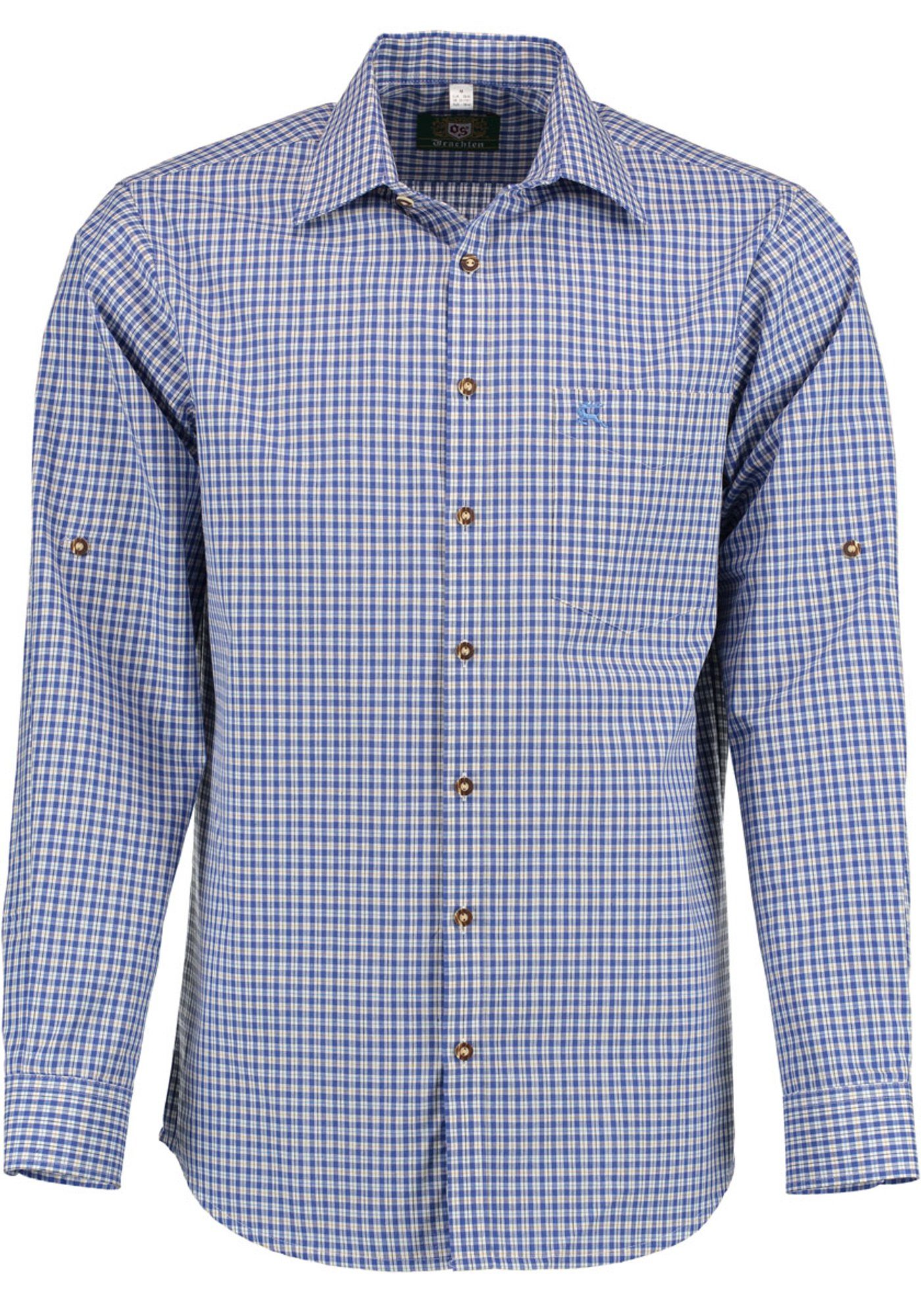 OS-Trachten Trachtenhemd Vakas Langarmhemd mit Krempelärmeln Hirsch-Stickerei auf der Brusttasche und kornblau