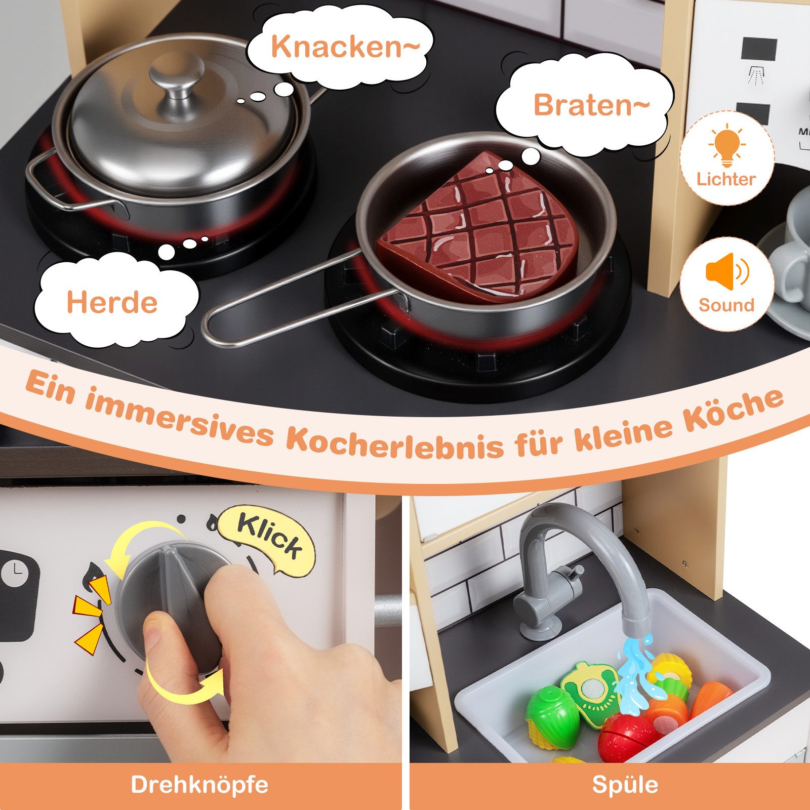 COSTWAY Spielküche MDF, Mit Dunstabzugshaube, Eismaschine, Mikrowelle & Ofen