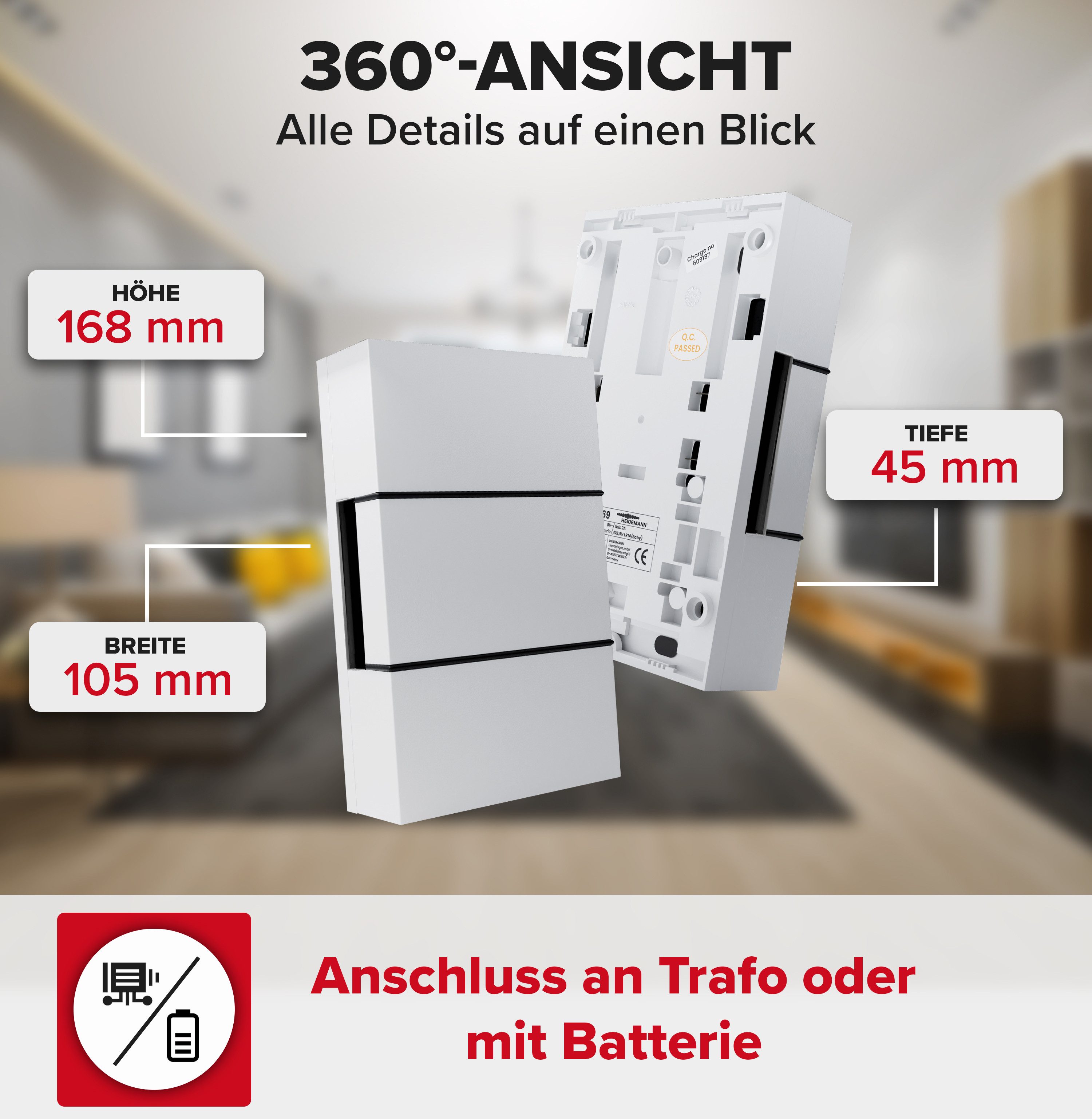 Heidemann Türklingel-Set Heidemann Zweiklang-Gong Ibis 8V reinweiß, 1 Empfänger, 2 Klingeltöne, (1-tlg), HX®-kompatibel, Starkes LED-Signal, 2 Melodien, 4 Lautstärkestufen