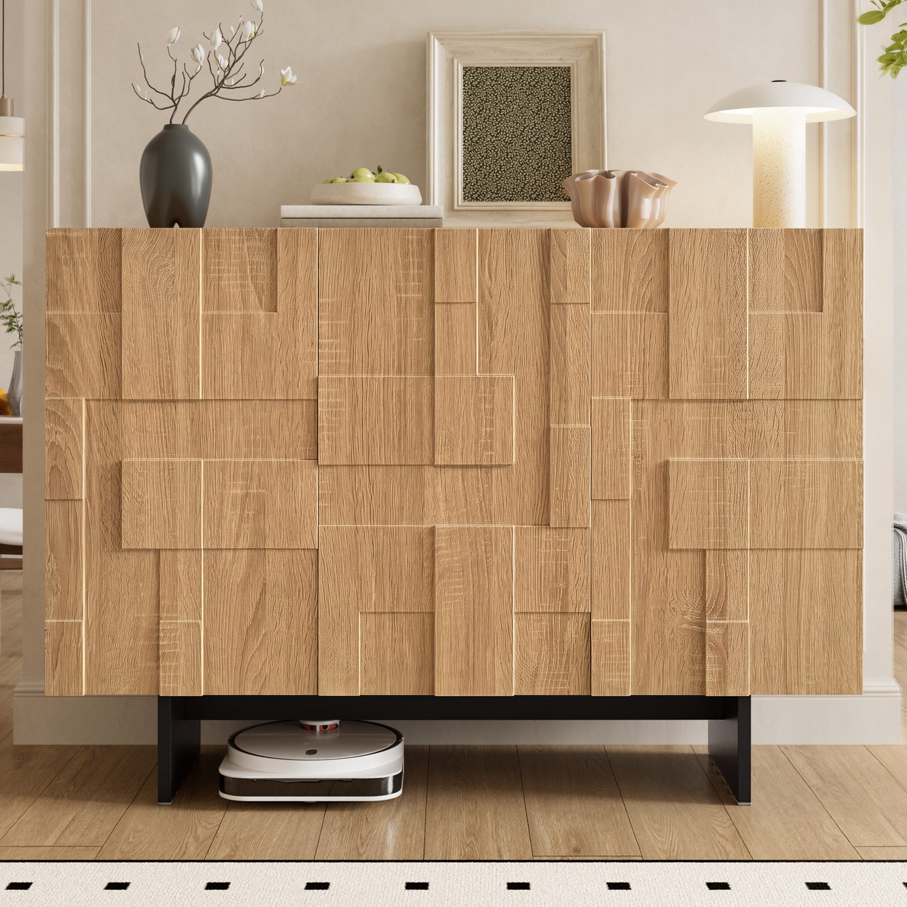 Merax Sideboard Kommode Mit 3 Türen, Französischer Stil (1 St., Mit Geometrischer 3D Front), Aufbewahrungsschrank Mit Verstellbaren Einlegeböden