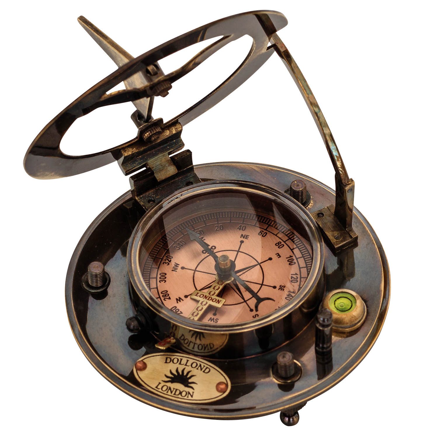 Dekoobjekt Kompass Maritim 10cm Sonnenuhr Replik Navigation Messing Glas Leder An