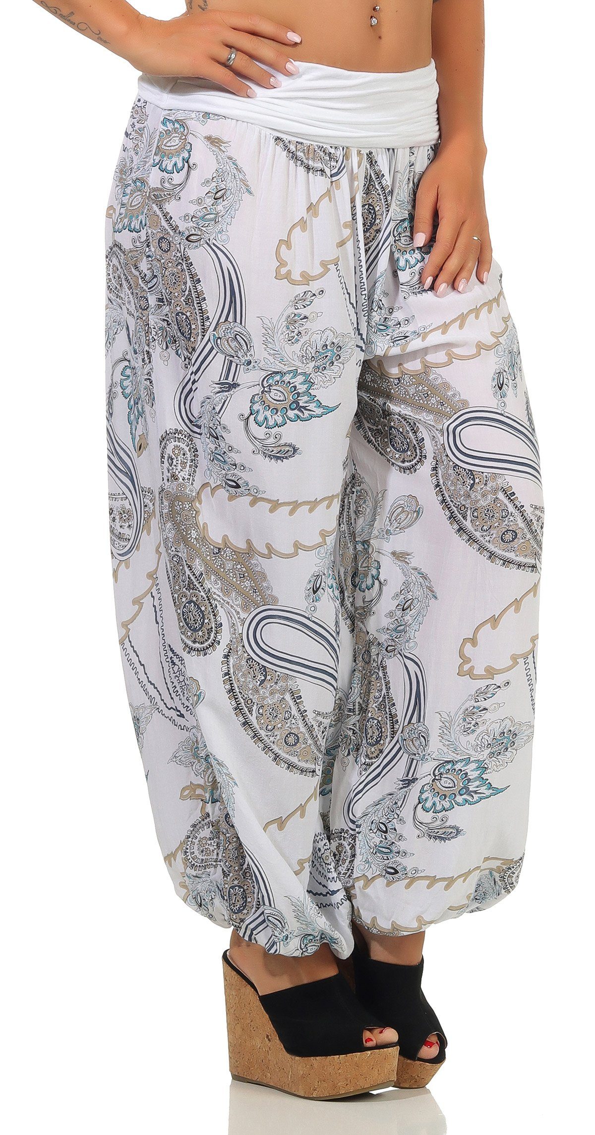 7185 mit All-Over-Print more Haremshose than weiß fashion Pluderhose malito