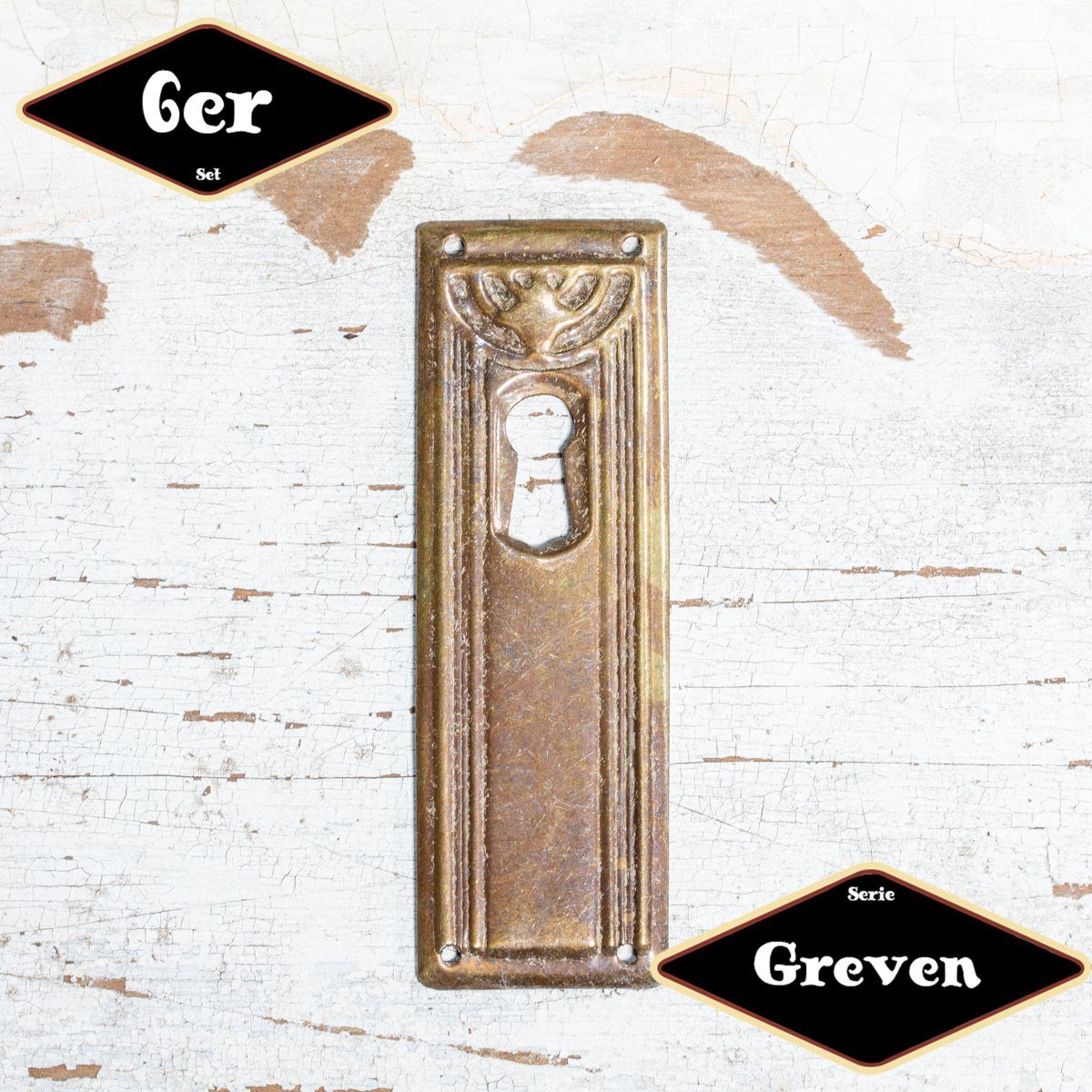 Antikas Möbelbeschlag Schlüsselplatte,Serie"Greven",6er Pack, Eisen in Messing