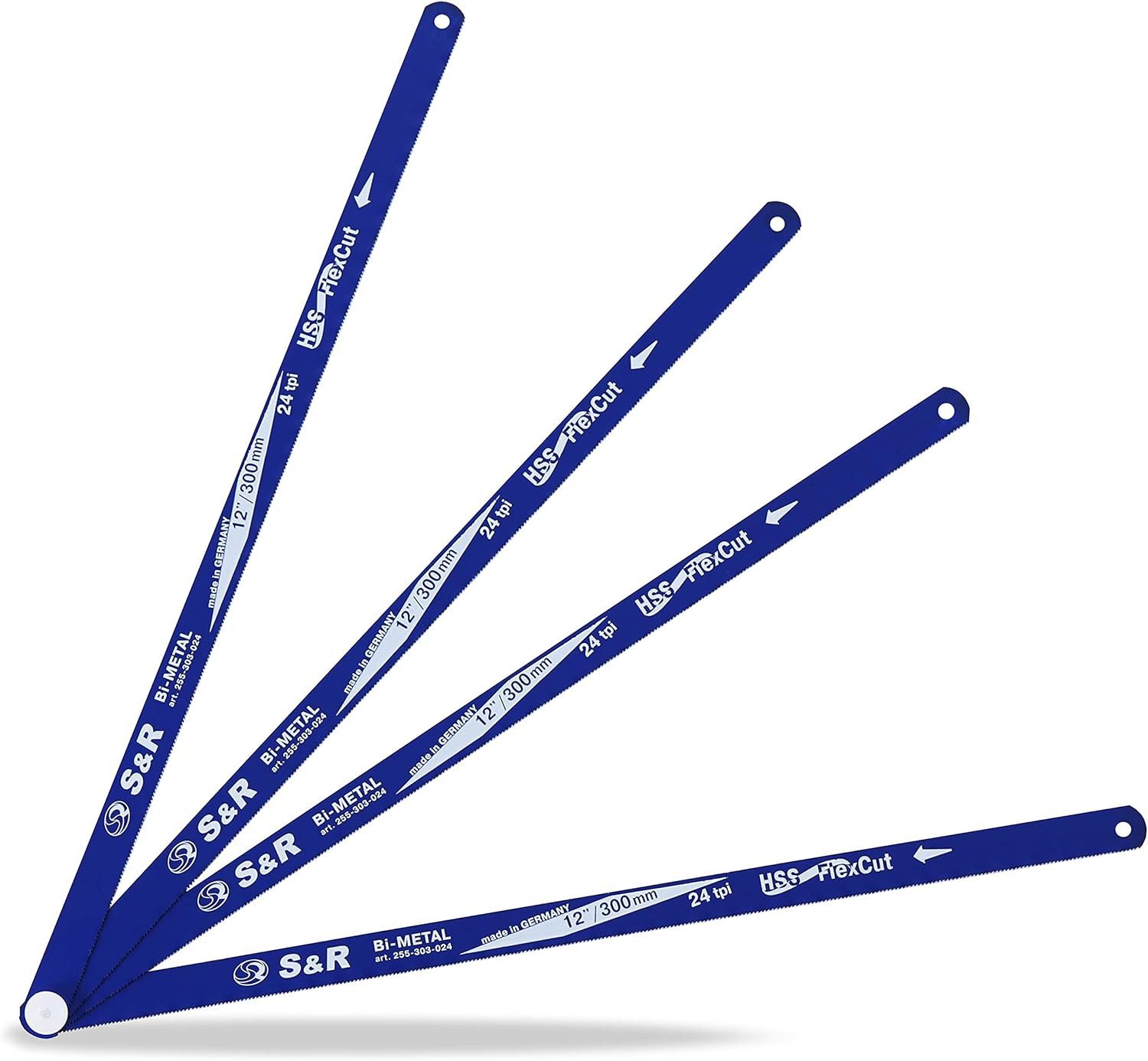 S&R Bügelsäge HSS Bi-Metall Sägeblätter Set/MADE IN GERMANY/für Bügelsäge (Set, 4x HSS-Bi-Metall Ersatz-Sägeblatt 12" / 300 mm, 24 tpi), Flexibel und robust, einseitig gezahnt mit 24 tpi (Zähne pro Zoll)