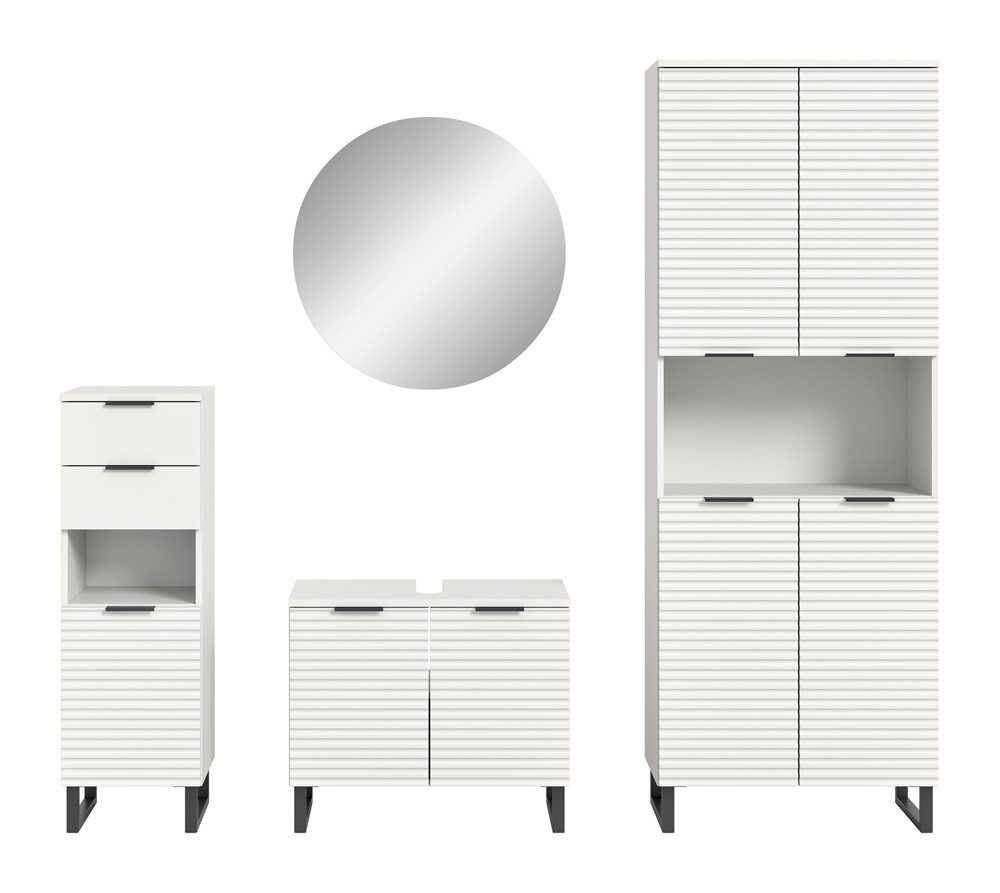 xonox.home Badmöbel-Set Badezimmer Set Riff, 4-teilig, weiß ohne Aufsatzleuchte, (4-St), hochwertige Rillenoptik mit Kufenfuß