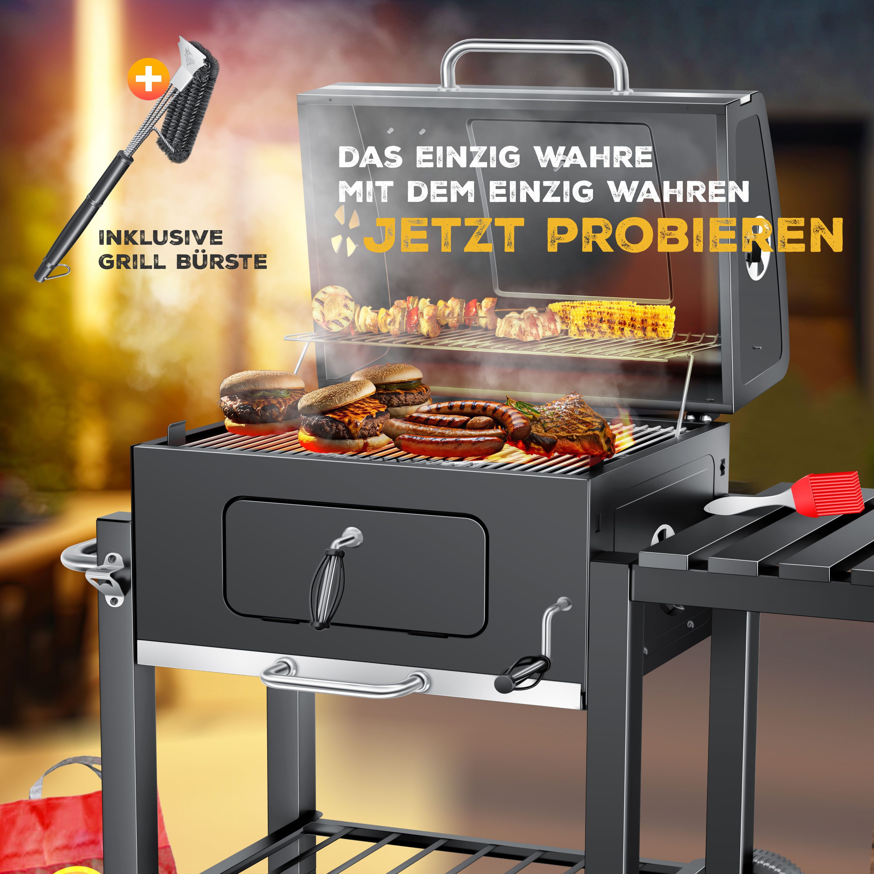 KESSER Holzkohlegrill Grill Grillwagen BBQ Smoker XL Holzkohlegrill mit Deckel, Rädern, Edelstahl-Griff, Grillrost und Thermometer Standgrill Kohlegrillwagen