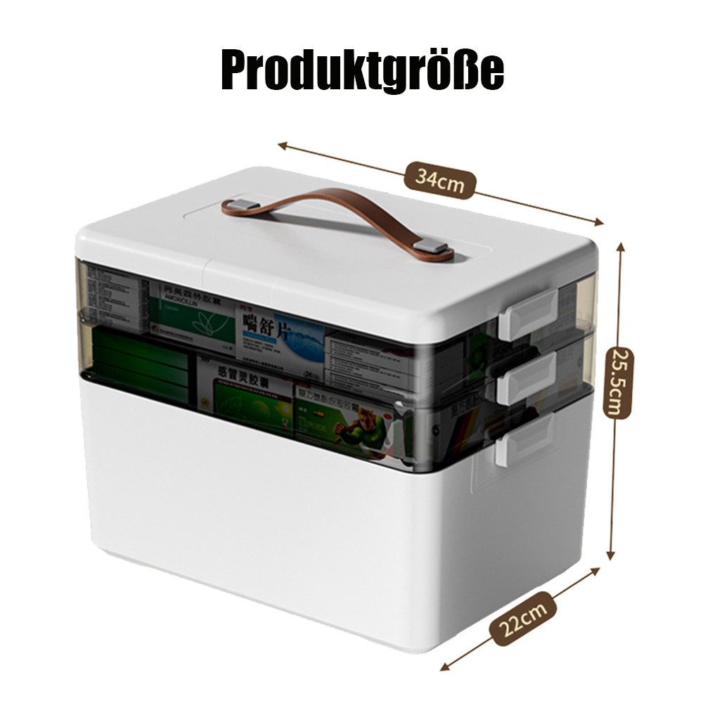 TUWENA Aufbewahrungsbox 3 Ebenen Medikamenten Aufbewahrung, Hausapotheke mit Tragegriff, Große Kapazität Mehrzweck Organizer für Schmuck, Arzneimittel,Kosmetik