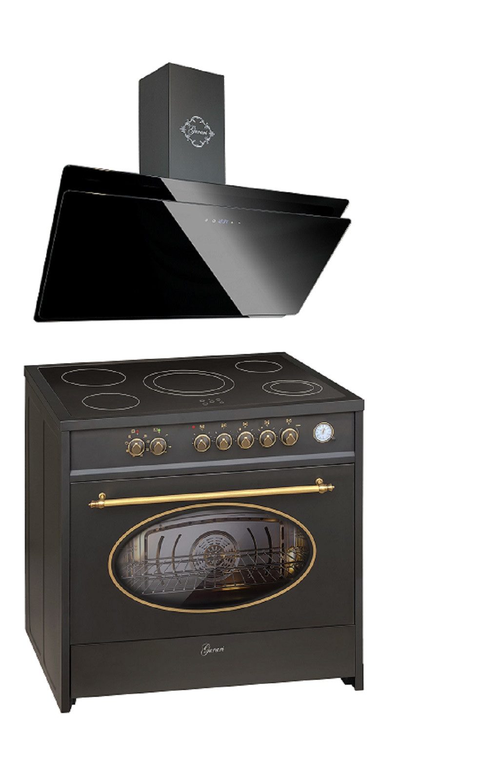 GURARI Elektro-Standherd Retro Glaskeramik Herd 90 cm Schwarz Range Cooker Elektro XXL Backofen 121 L mit Dunstabzugshaubeб 90 cm, 1000 m³/h GCH E 912 BL r+GCH S 411 90 BL PRIME N, mit 1-fach-Teleskopauszug