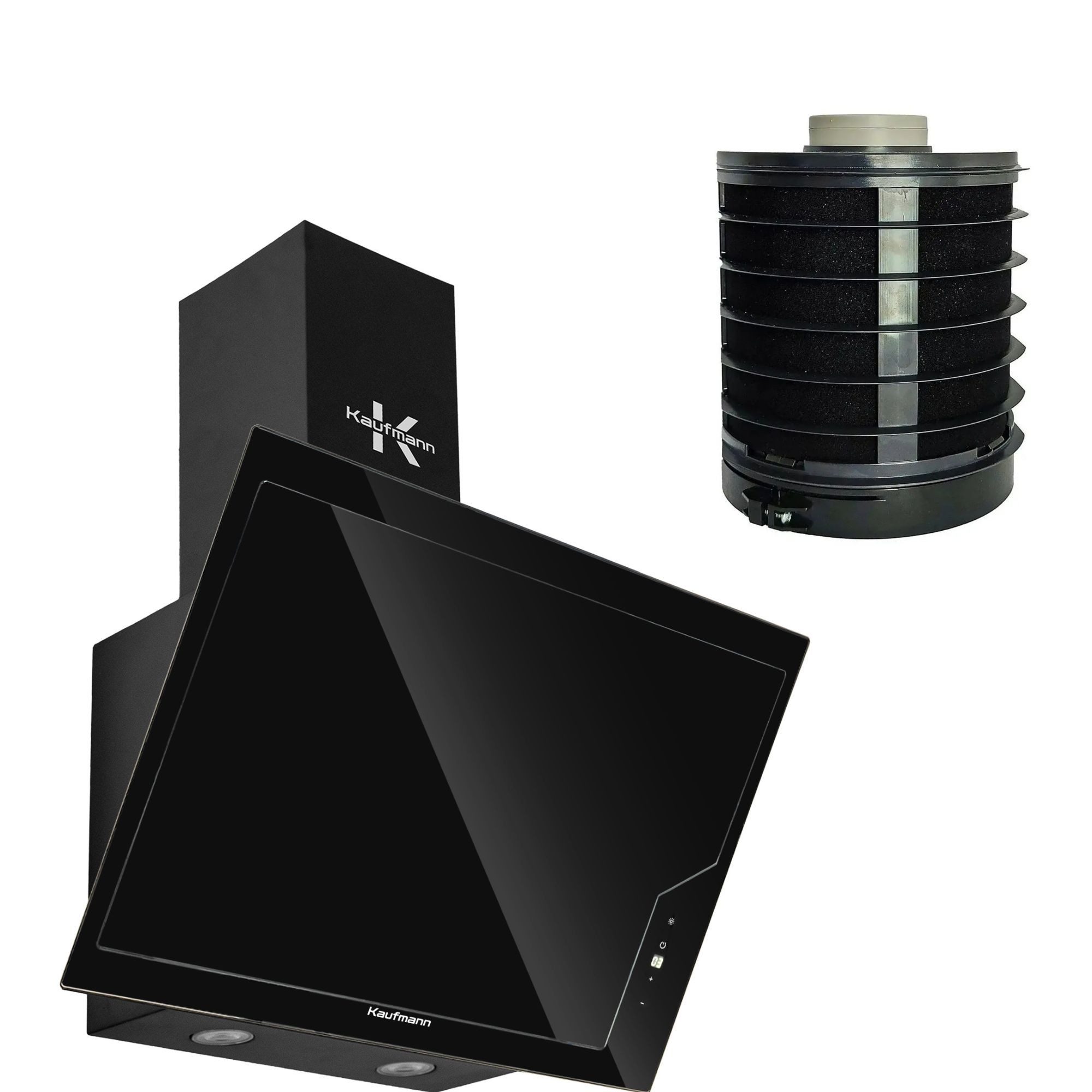 KAUFMANN Kopffreihaube FAVORE 60 BL+GE 77 Umluftfilter, Kopffrei-Wand-Dunstabzugshaube 60 cm Serie Moderne Abzugshaube mit Kraftvoller 1000 m³/h Motor • Randabsaugung • ABLUFT & UMLUFT • Schwarz Glas-Design Kopffreihaube Nachlaufautomatik, Timer, Fernbedienung, Stoßdämpfer-Technologie