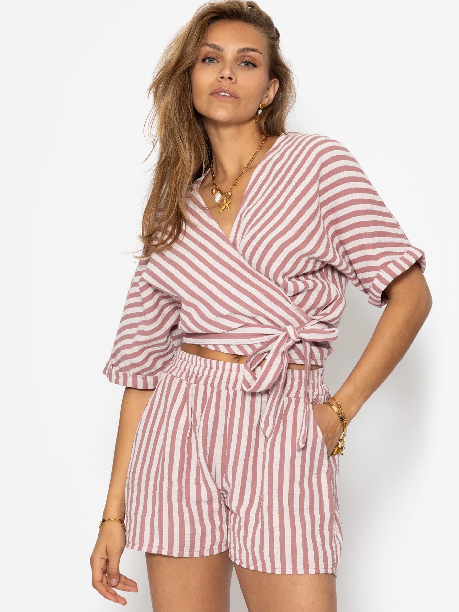 SASSYCLASSY Langarmbluse Gestreifte Musselin Wickel Bluse Damen Leichte Musselinbluse in Streifenmuster altrosa