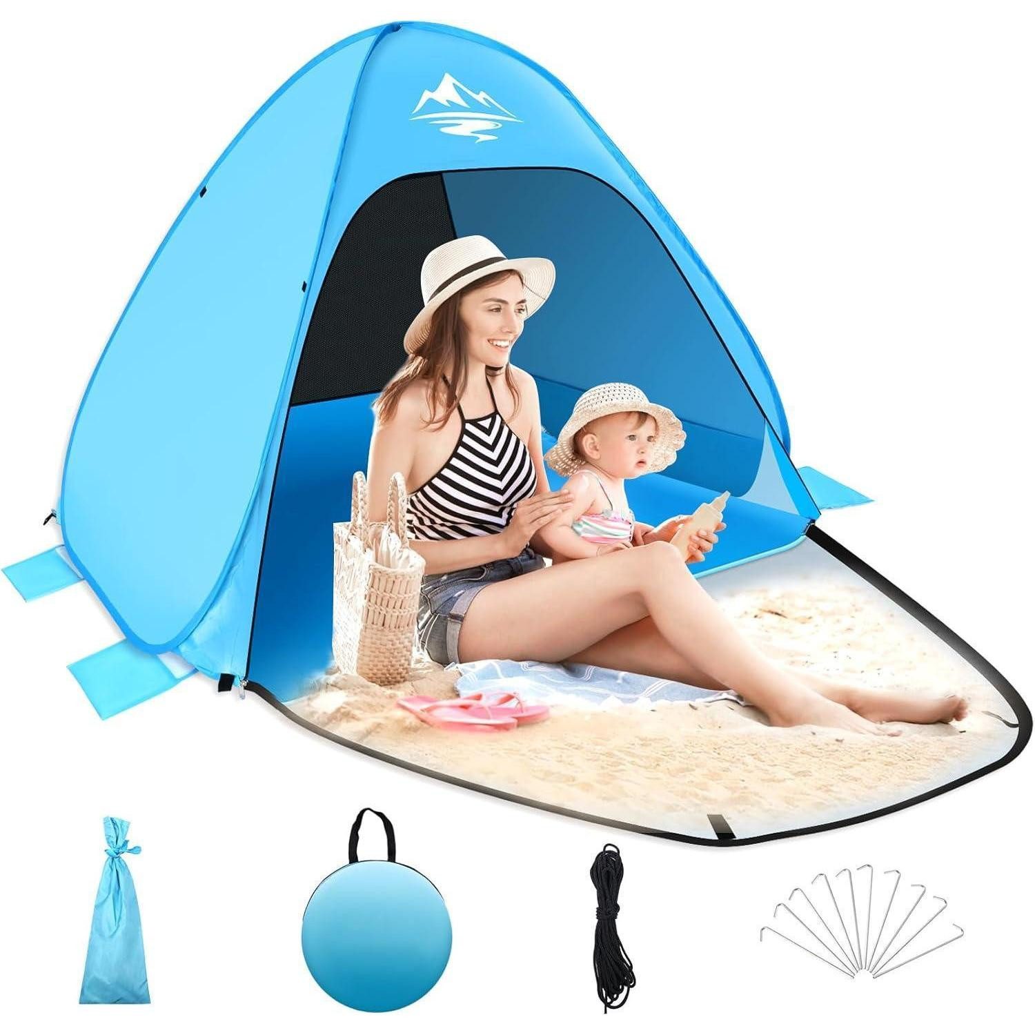 Strandmuschel Strandmuschel Pop Up Zelt für 2-3 Personen UV50+ Schutz QLabel Sun