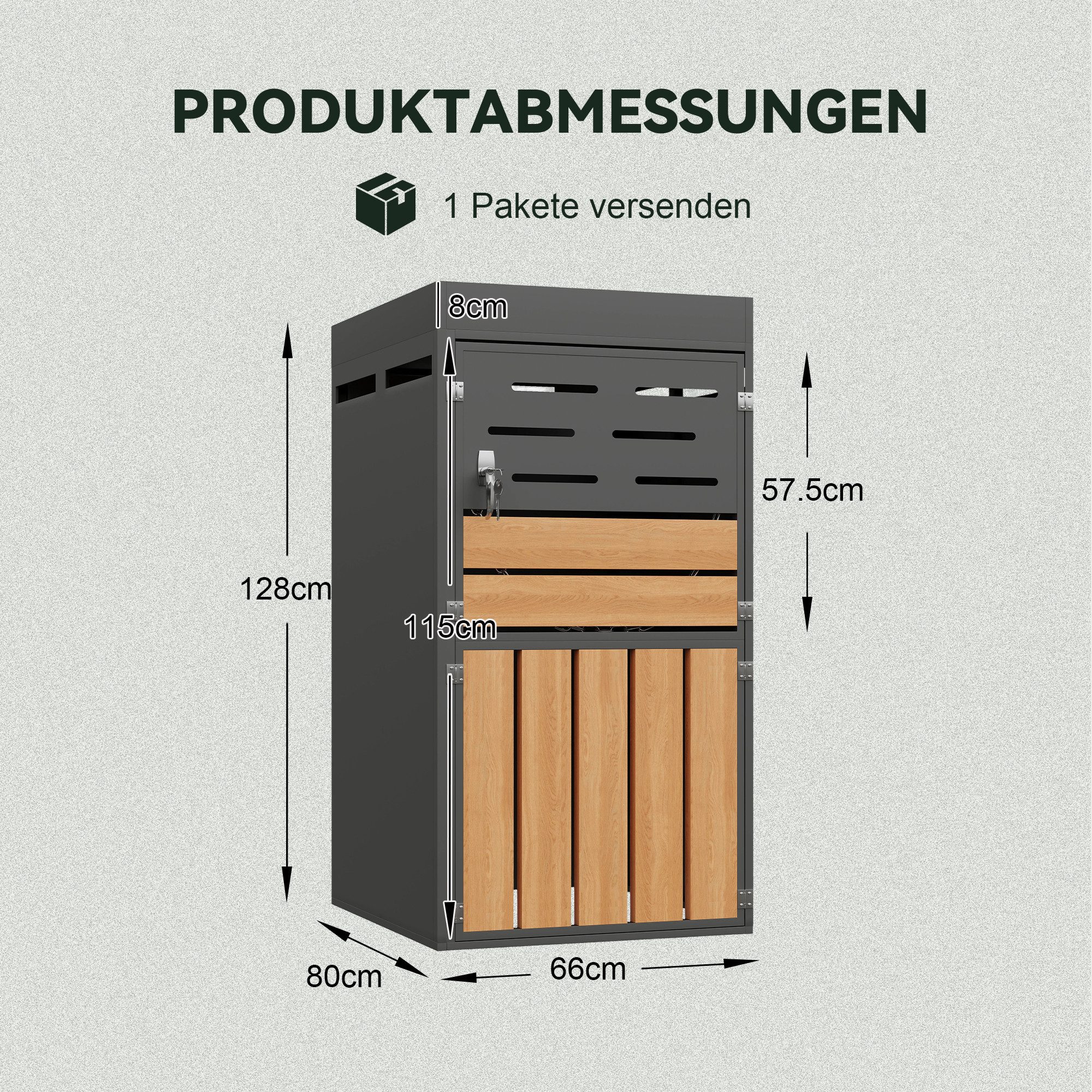 KLAM HOME Mülltonnenbox Außenschrank mit Pflanzkasten, verzinkter Stahl wetterfest (Gartenschrank 66x80x128cm mit Belüftung & Sicherungskette), 2-in-1 Gartenschrank abschließbar platzsparend & dekorativ
