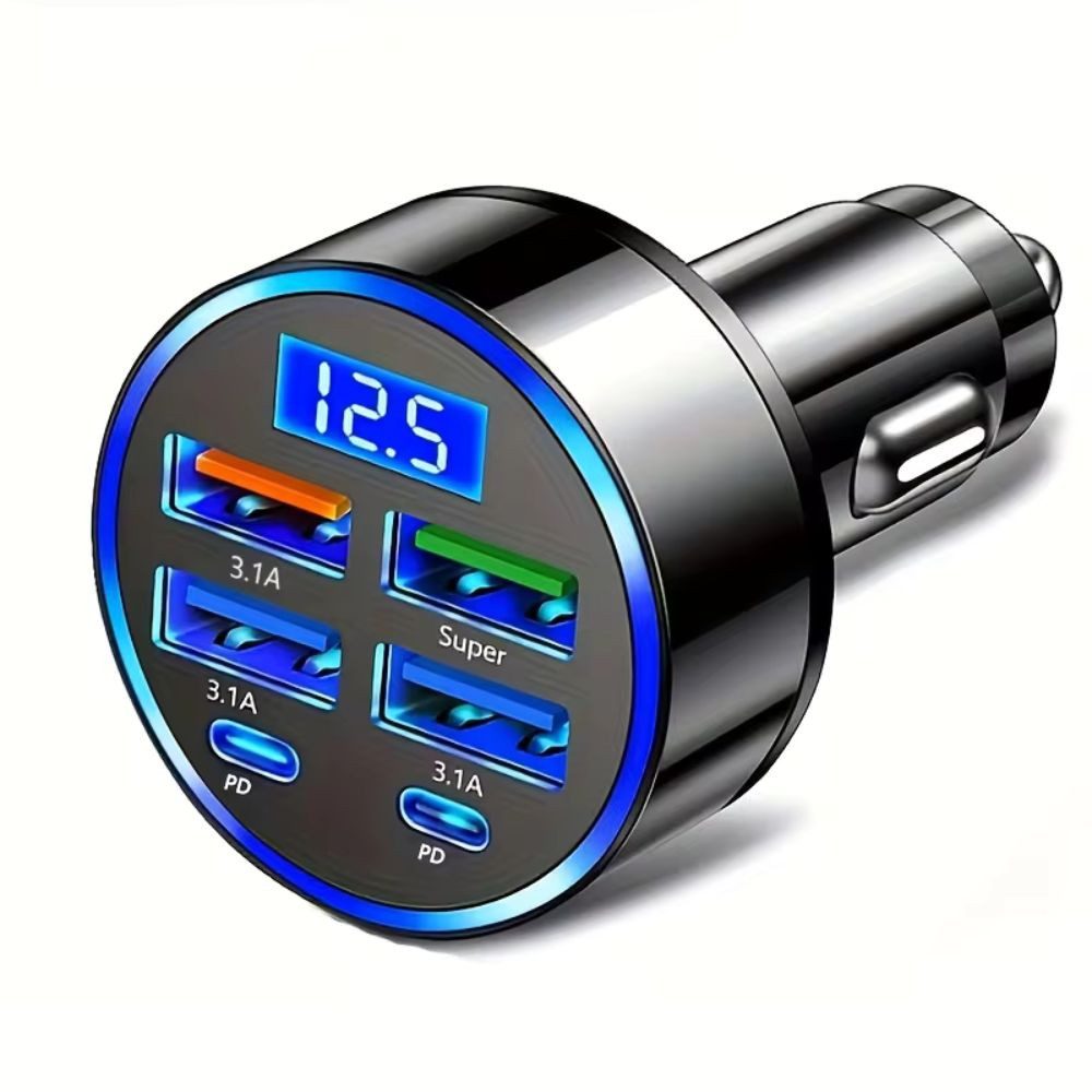 Wrischan 350W USB Auto Ladegerät 6 Ports PD QC3.0 USB C Schnellladegerät USB-Ladegerät (Einzelgerät, Schnellladen, 6 Ports, Display Anzeige, GaN Technologie, Mehrfachladen)