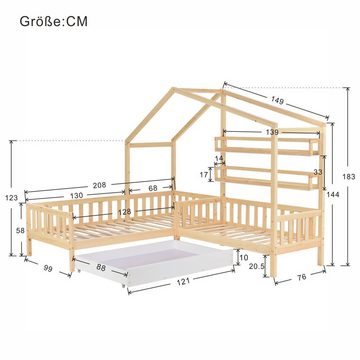 Gotagee Hausbett Kinderbett Hausbett mit Schubladen+Regalen Massivholz 90x200+140x70 cm, L-förmige Struktur, Doppelbett