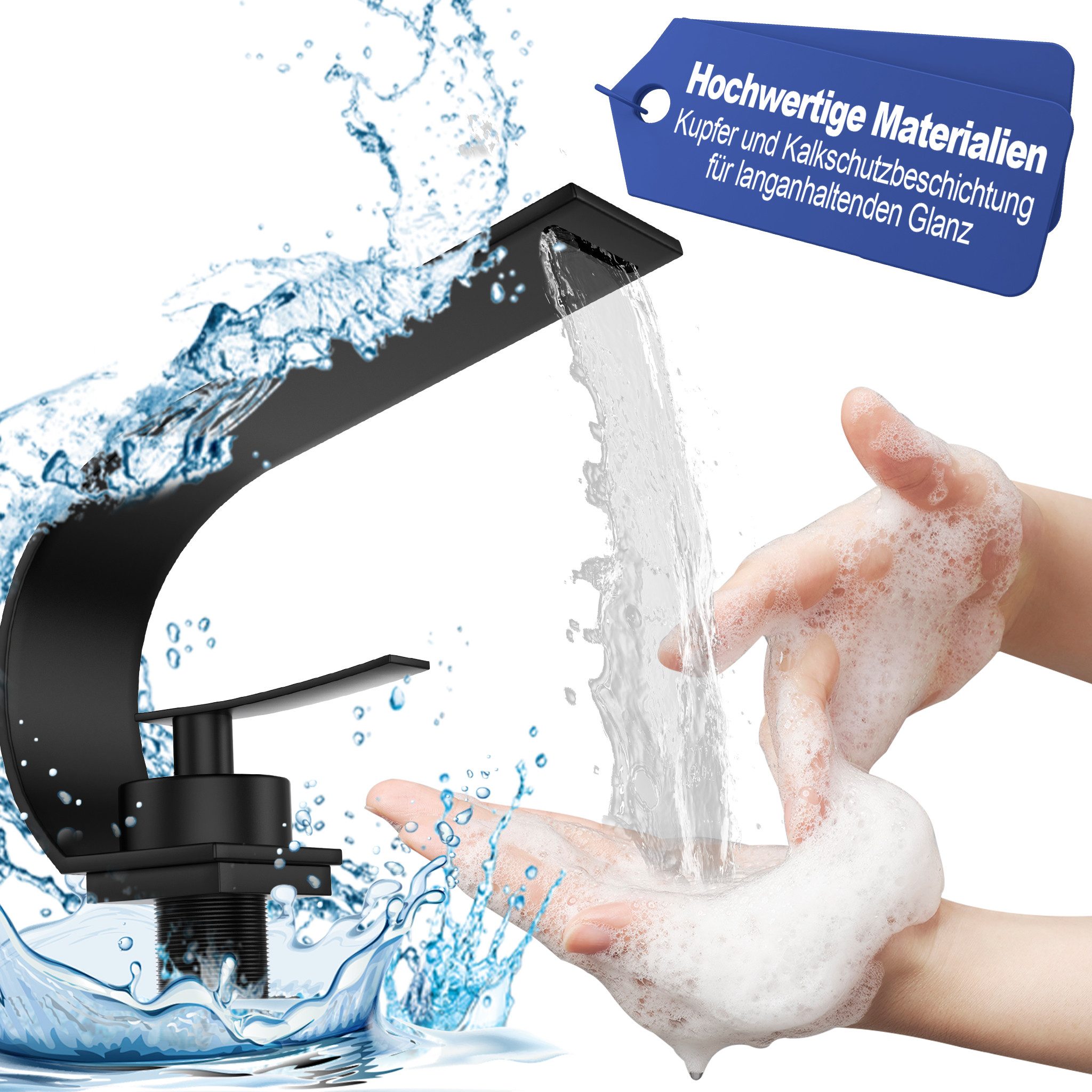 FIVMEN Waschtischarmatur Wasserfall Wasserhahn Bad, Schwarz Modern Messing