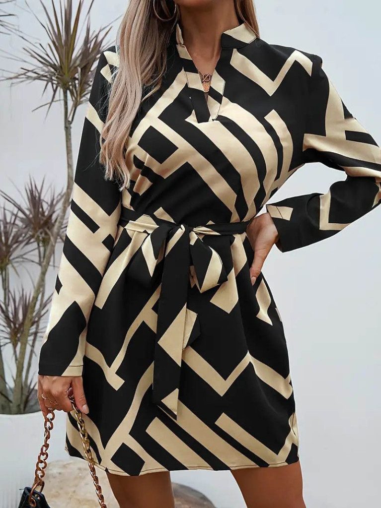 Moda Yakamoz Midikleid JANE'S Damen Langarm V-Ausschnitt Muster Taillengürtel Tauchkleid