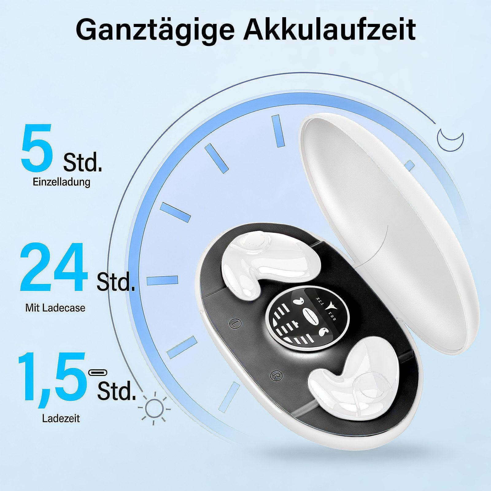 MOPUEA In-Ear Schlafkopfhörer kabellose Schlaf-Ohrhörer für Seitenschläfer Bluetooth-Kopfhörer (integriertes Mikrofon, Kompakt mit Typ-C-Schnellladehülle)