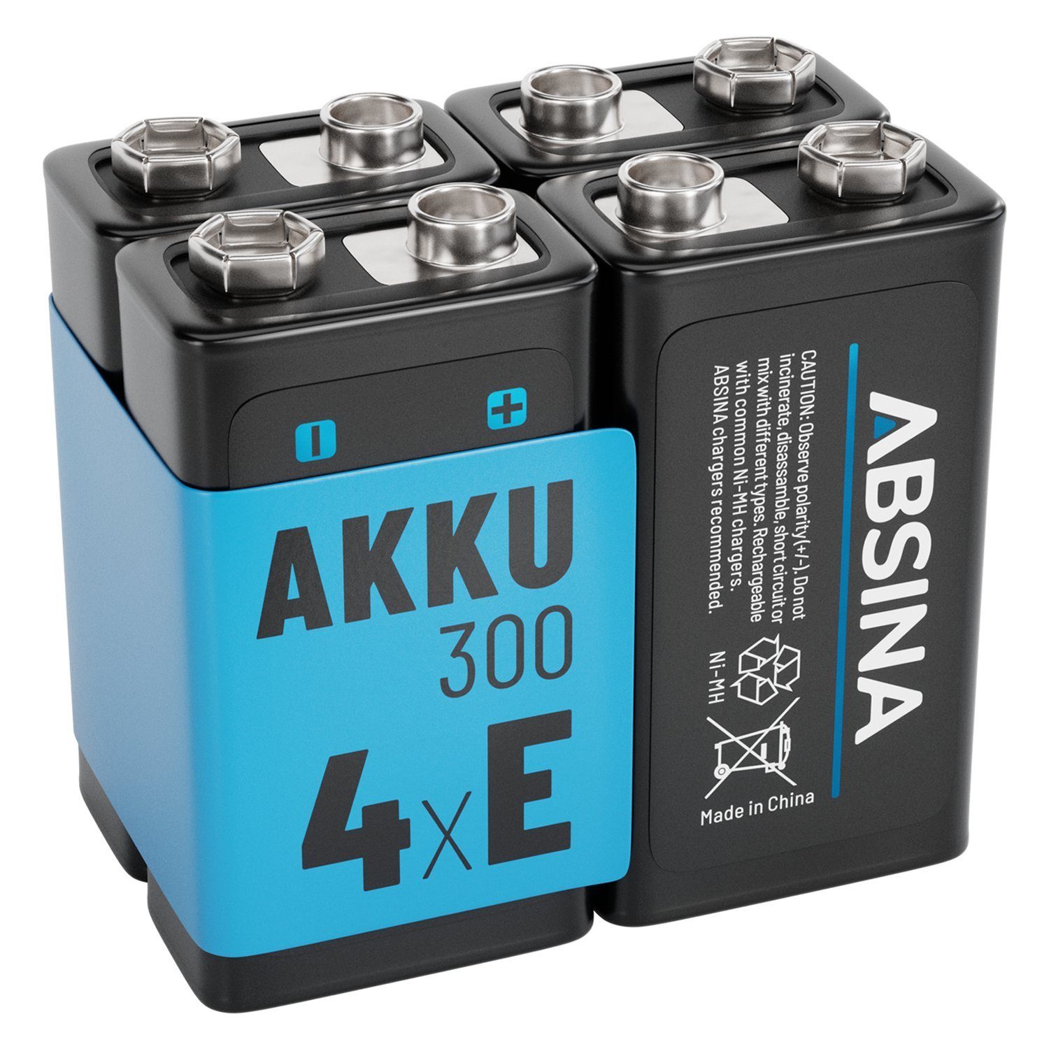 ABSINA 4x 9V Akku Block wiederaufladbar 300 mit geringer Selbstentladung Akku