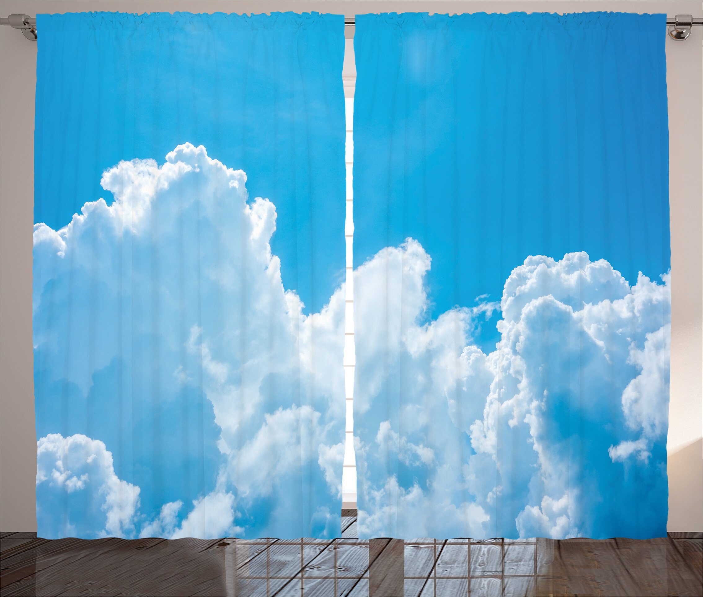 Gardine Schlafzimmer Kräuselband Vorhang mit Schlaufen und Haken, Abakuhaus, Blau Weiss Wolken und Himmel