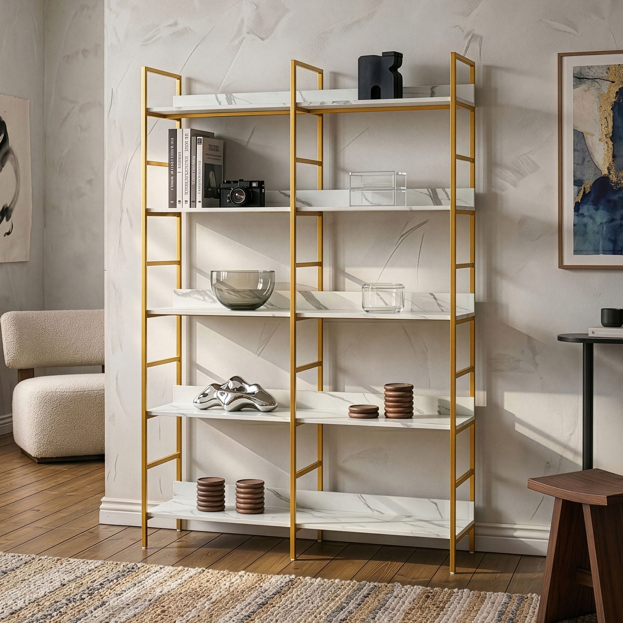 en.casa Bücherregal, »Noskik« 180 x 120 x 30 cm Goldfarben / Marmoroptik, weiß