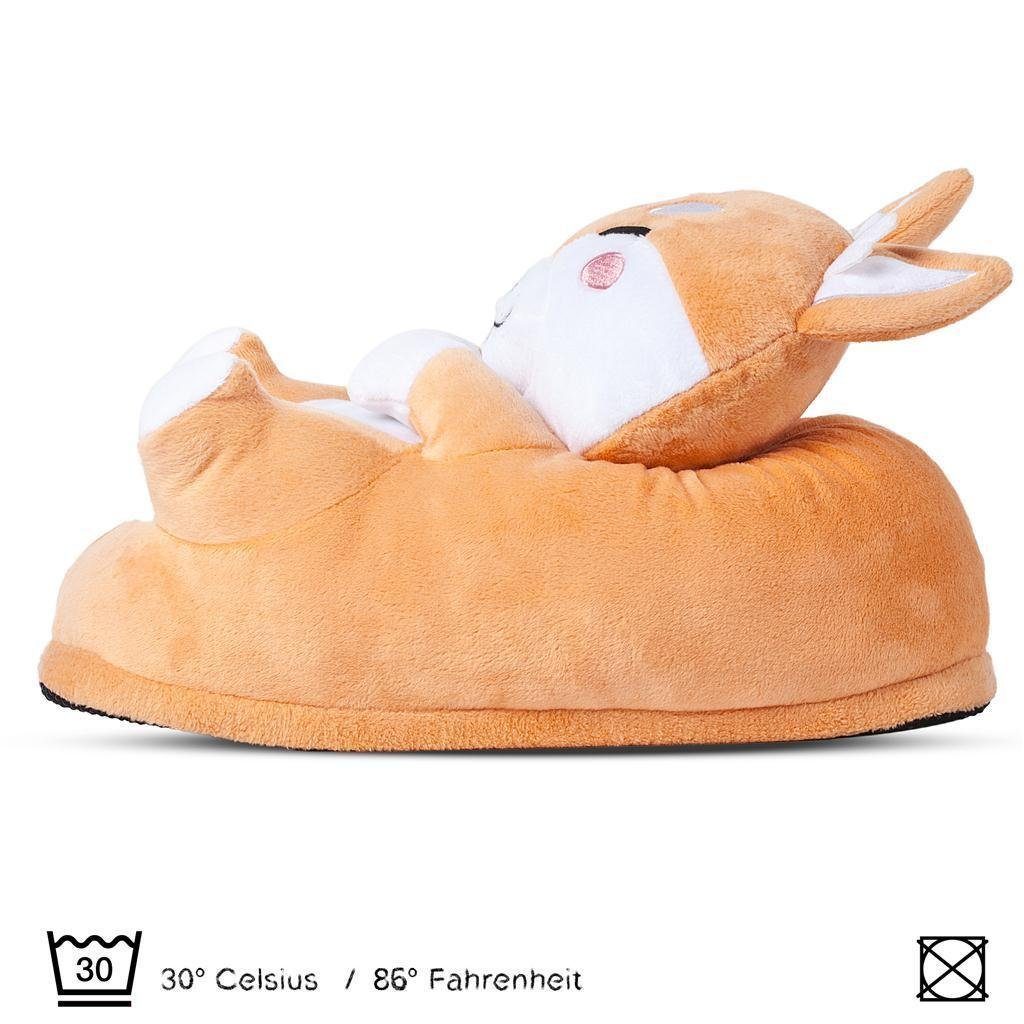 Corimori Tier Pantoffeln für Erwachsene Einheitsgröße 34-44 Plüsch Hausschuhe (Packung, Geschenk) EU Einheitsgröße 34-44, Akito der Shiba Inu, für Kinder und Erwachsene