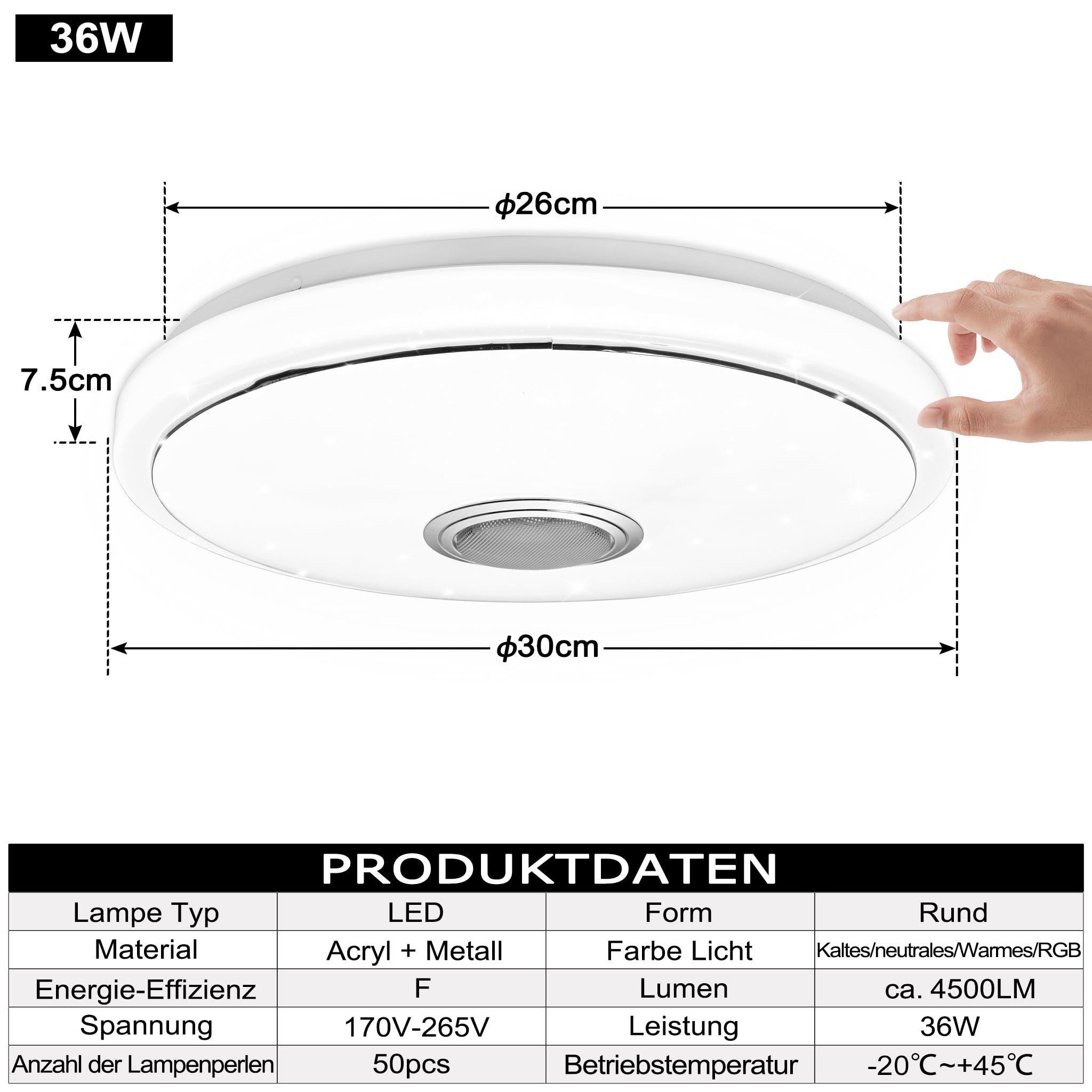 FIVMEN LED Deckenleuchte Deckenlampe 36W/48W Dimmbar Ceiling Light mit Bluetooth Lautsprecher, LED fest integriert