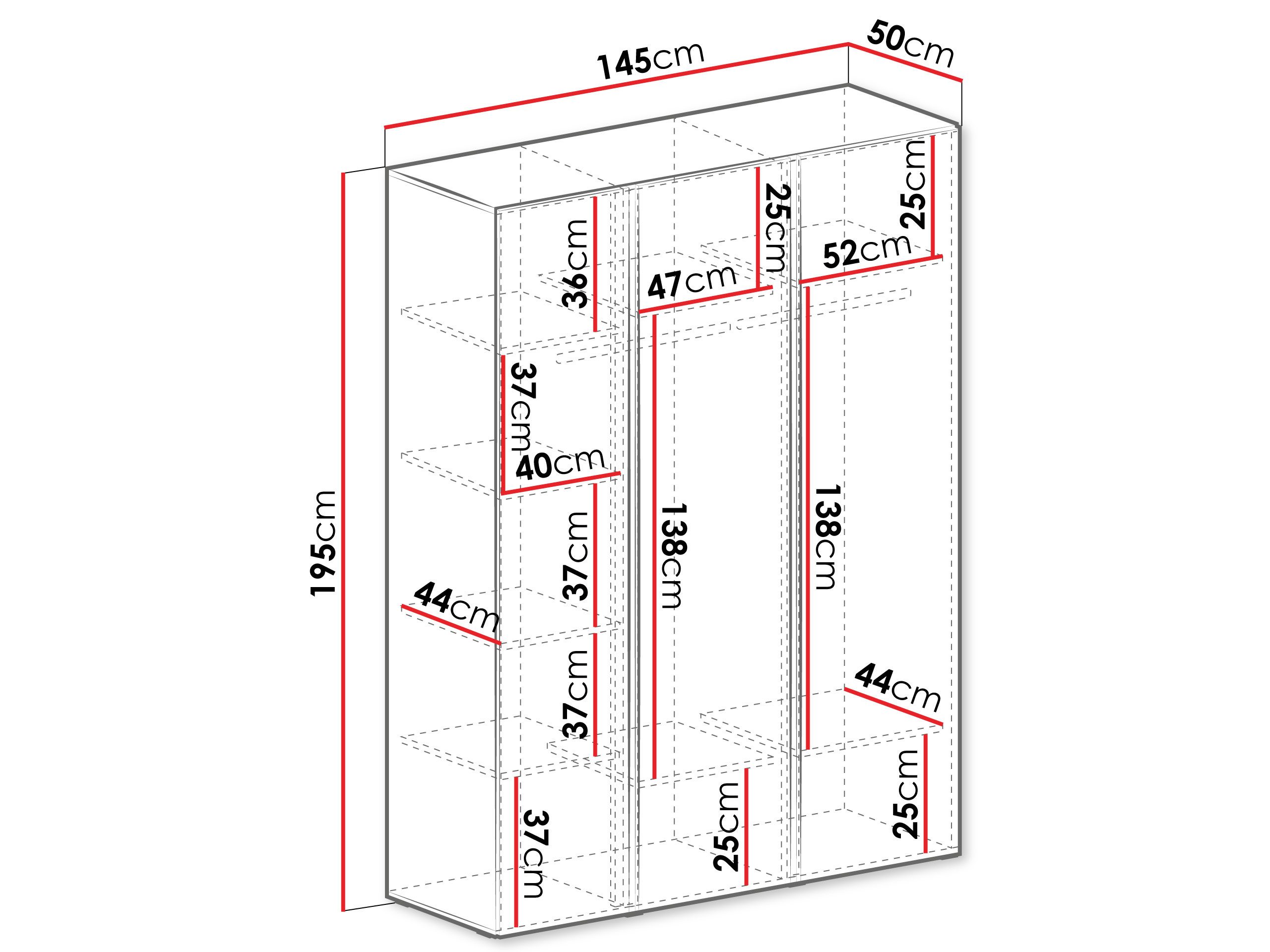MIRJAN24 Kleiderschrank Luca LC01 (mit drei Drehtüren) zwei Kleiderstangen, 145x50x195 cm
