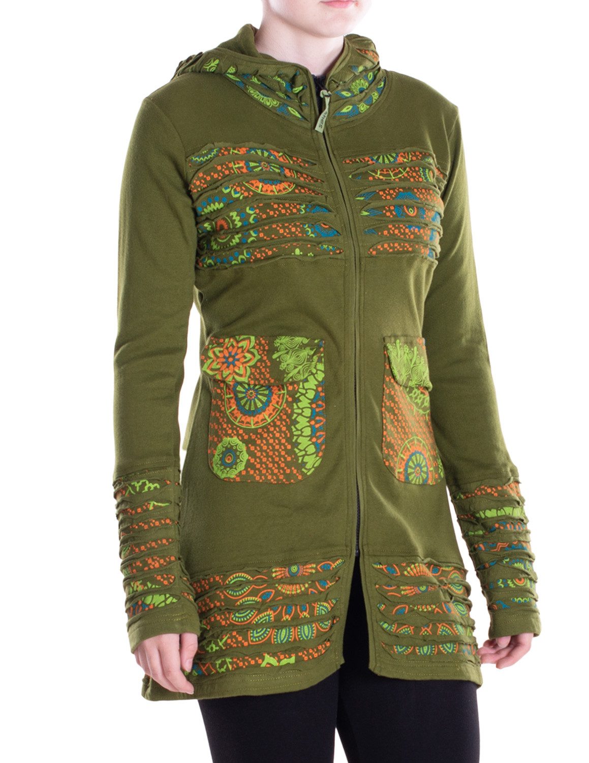 Kapuzensweatjacke Damen Hippie Kapuzenjacke mit Cutwork, Patchwork Mustern