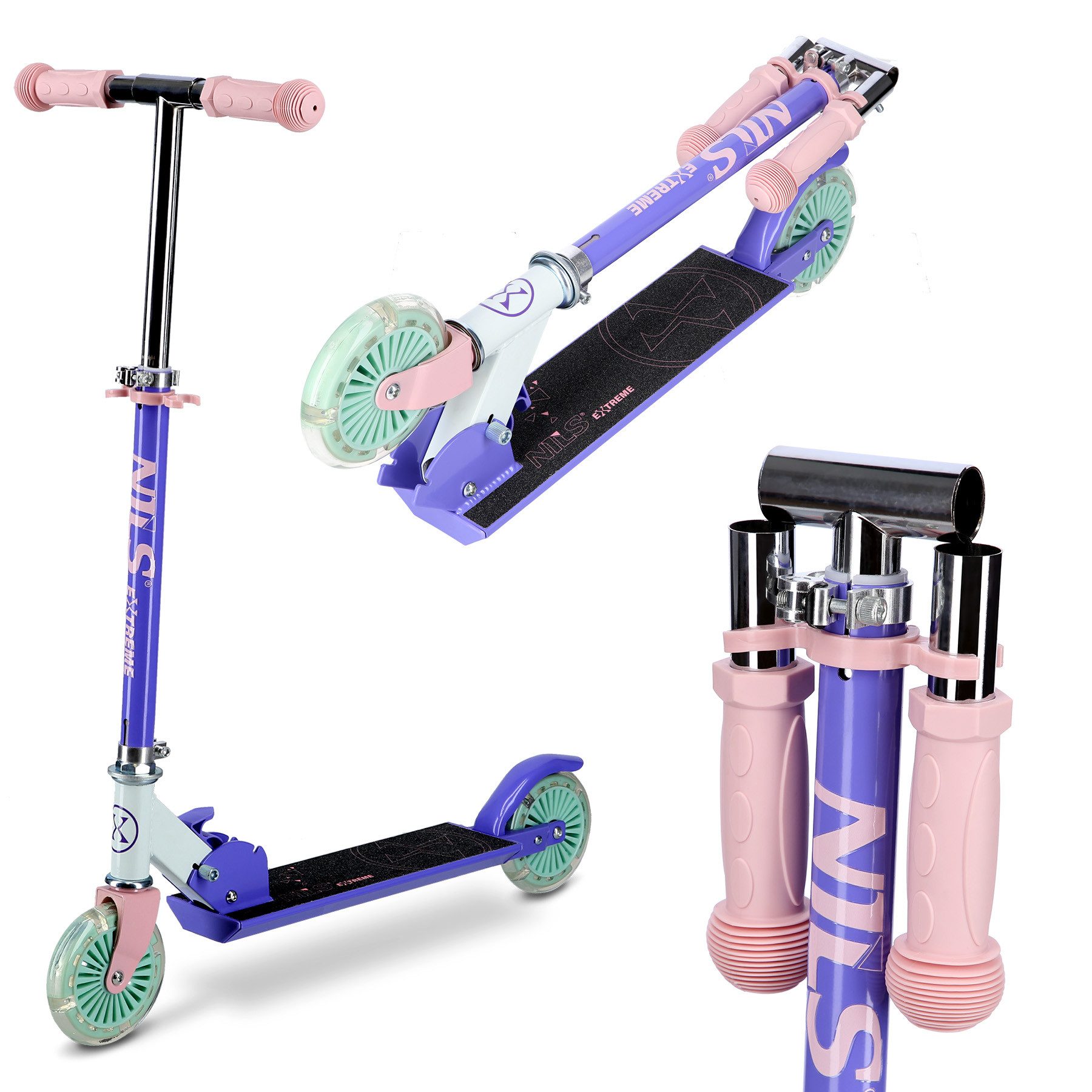 NILS EXTREME Tretroller Cityroller LED- Reifen Scooter Roller Violett, klappbar, leicht, coole LED-Beleuchtung