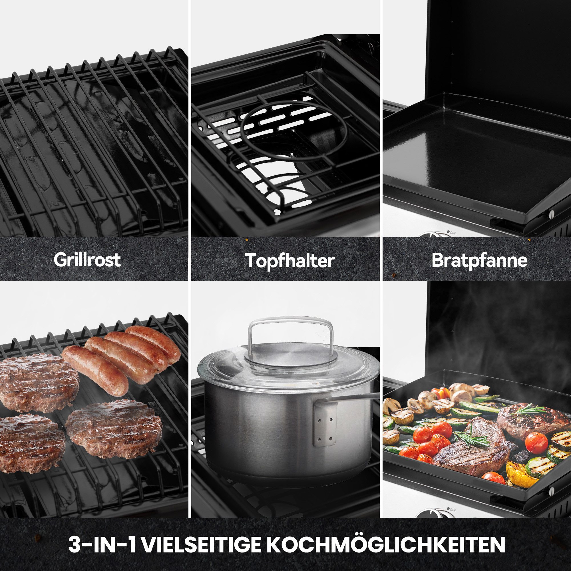 Royal Gourmet Gasgrill 3-Brenner Gasgrill, 3-in-1 Tischgrill für Grillen, Braten und Kochen, Tragbarer Campinggrill mit Klapp-Seitenablage und 8,5 kW Leistung – Bild 5 von 5