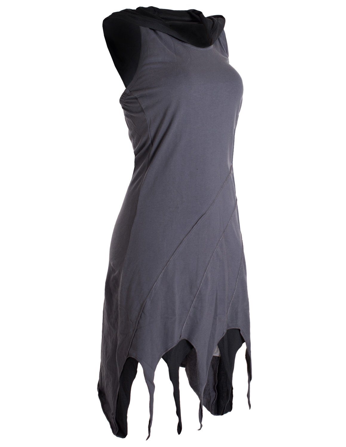 Kapuzen Neckholderkleid aus Hippie, Elfen Kleid Vishes Lagenlook Baumwolle Zipfel-Neckholder Goa, grau