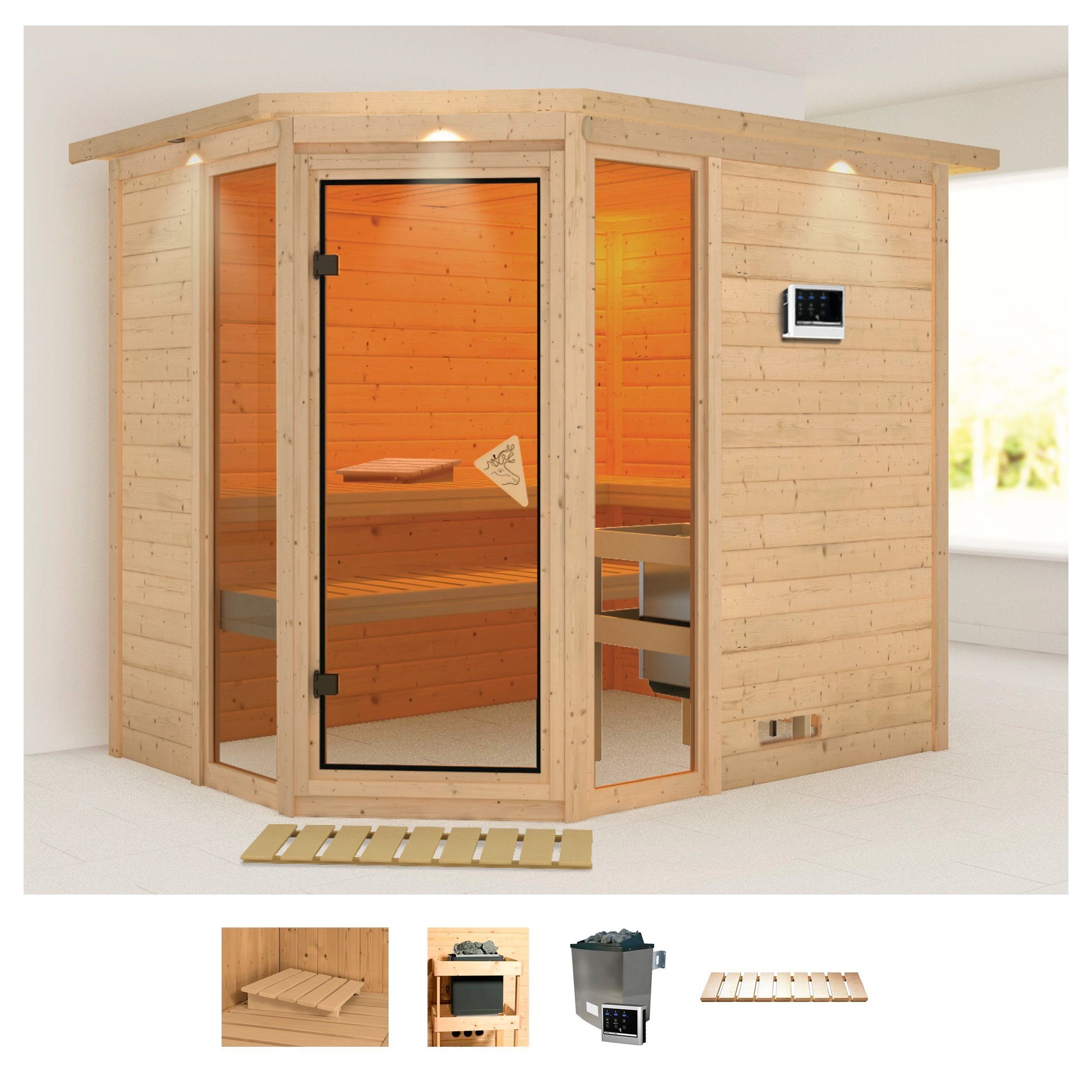 Karibu Sauna »Sina 3«, BxTxH: 264 x 198 x 212 cm, 40 mm, (Set) 9-kW-Ofen  mit externer Steuerung online kaufen | OTTO