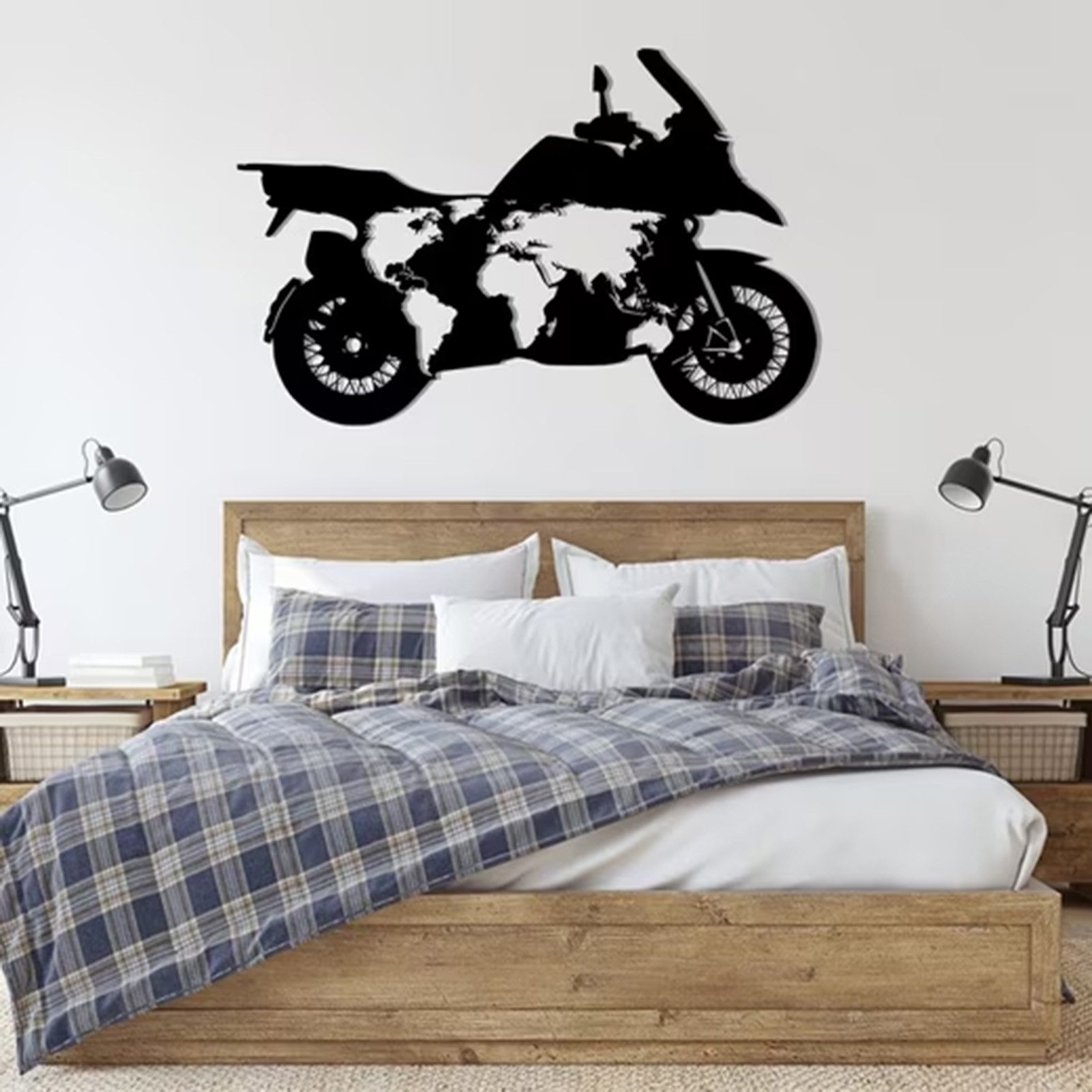 Jumpeak Wanddekoobjekt Metall Wanddekoration Weltkarte&Motorrad Silhouette,Wohnraum,Büro, Individuelle Metall Wandkunst mit Globetrotter&Abenteuer-Atmosphäre