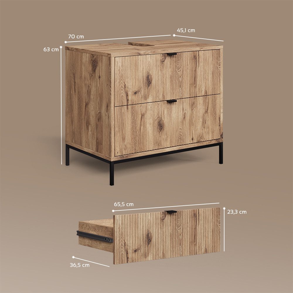 Livinity® Waschbeckenunterschrank Aterno, Viking Oak, 70 x 63 cm mit 2 ausziehbaren Schubladen (1-St) – Bild 3 von 5