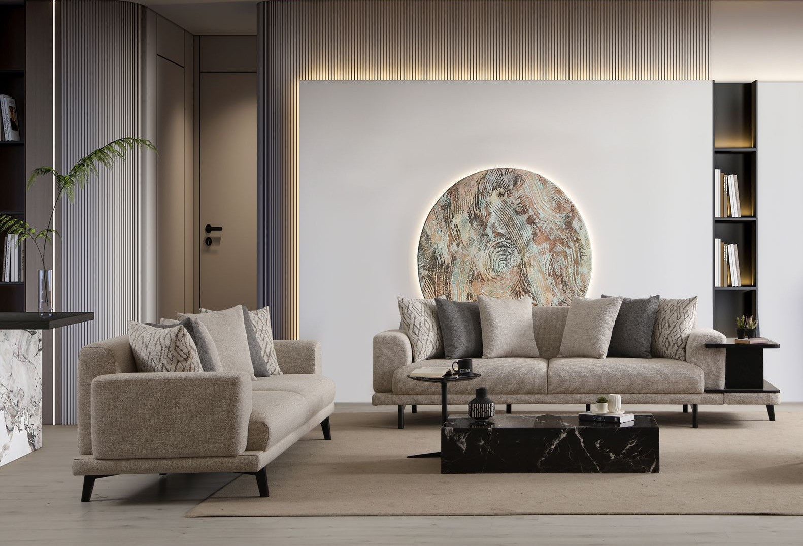 JVmoebel 3-Sitzer Beige Holz-Textil Sofa im modernen Design für stilvollen Komfort, 2 Teile, Made in Europe