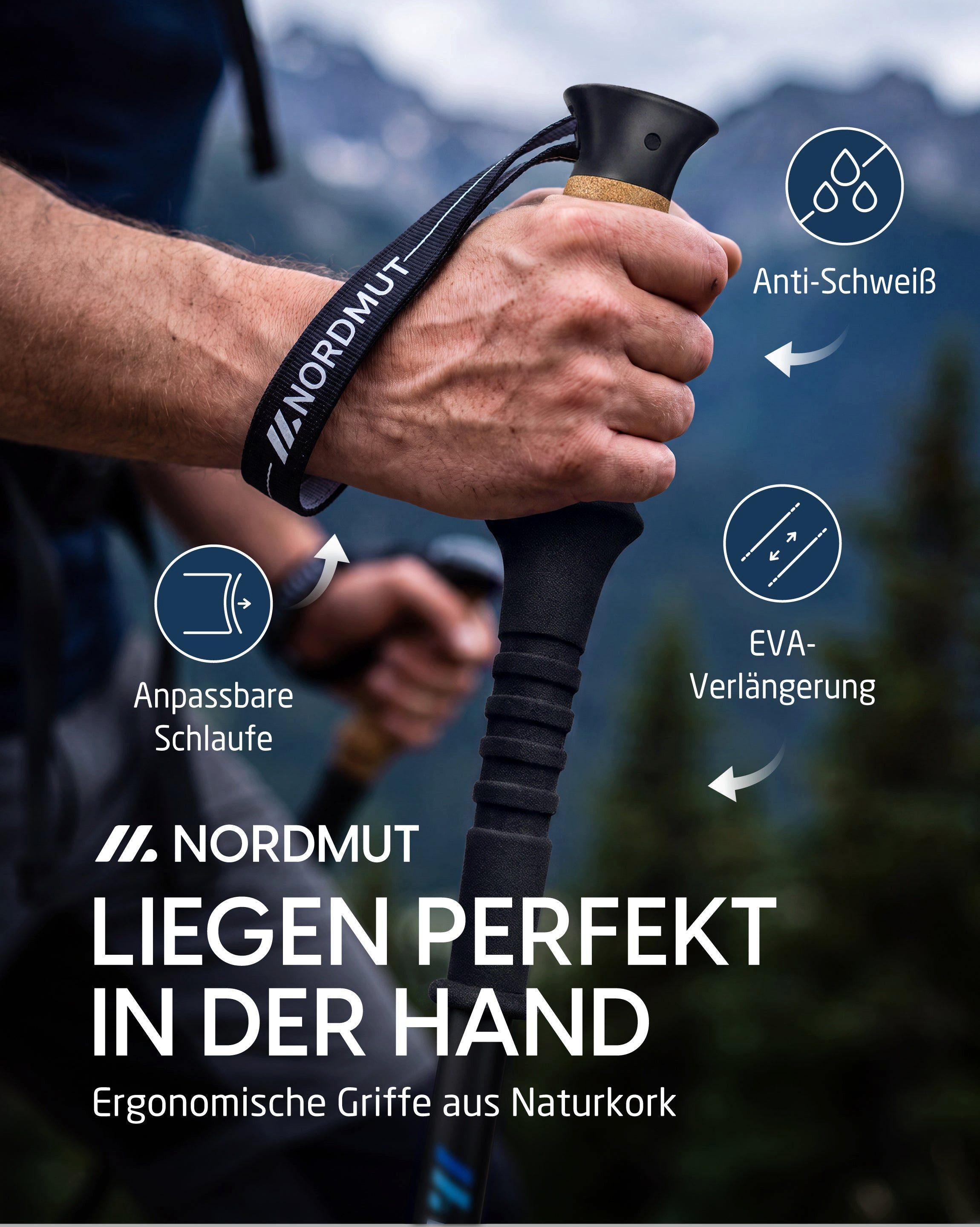 Nordmut Wanderstöcke Teleskop Trekkingstöcke, Nordic Walking Stöcke, Korkgriff, 65–135 cm (Set, 2 St., mit Tasche, Gummipuffern, Schnee- und Matschtellern), ult – Bild 5 von 5