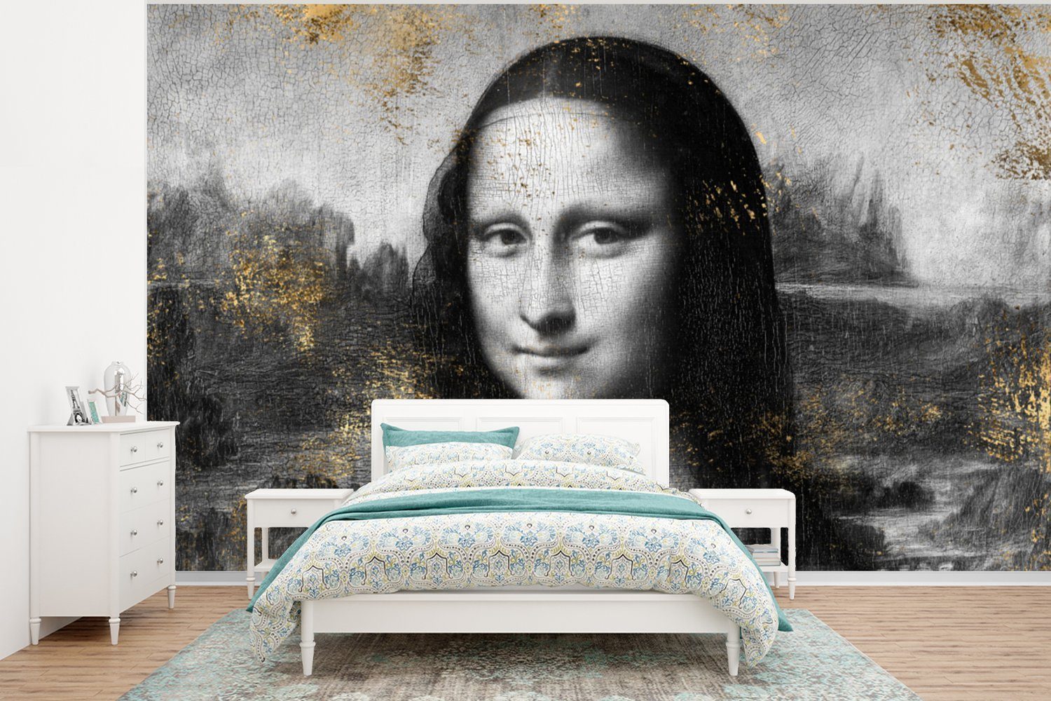 Fototapete Wohnzimmer, Gold, Weiß Vinyl Wallpaper da Mona MuchoWow Kinderzimmer, Tapete (6 bedruckt, für Matt, Vinci Leonardo - - Schwarz Lisa St), - - Schlafzimmer,