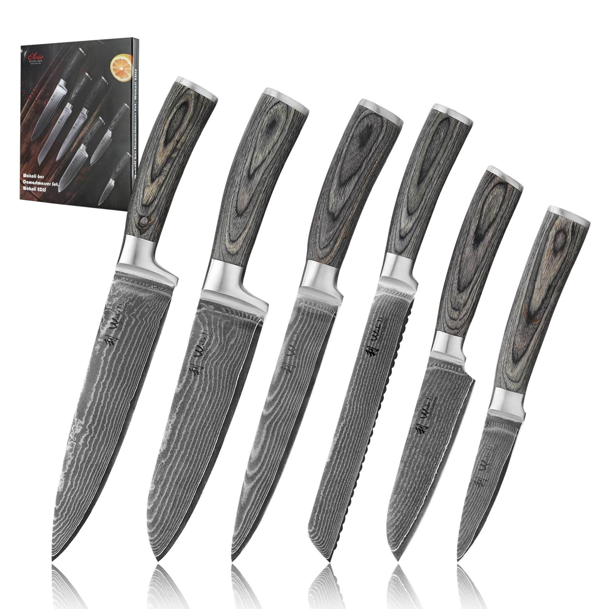 Wakoli Messer-Set EDIS 6er Damastmesser-Set I Küchenmesser Kochmesser I 8-20 cm Klingen (Damastmesser mit Geschenkbox, 6-tlg., 6er Damastmesser-Set), aus 67 Lagen Damaststahl, VG-10 Stahlkern