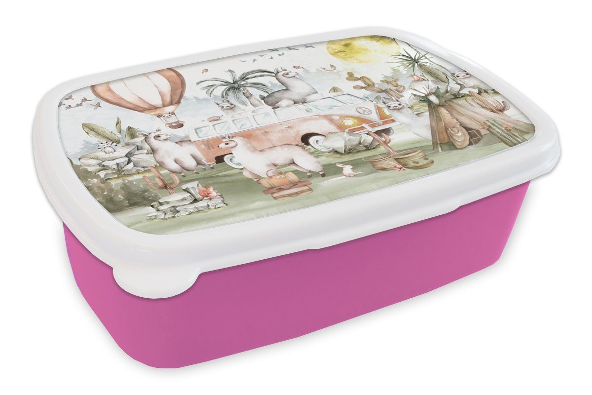 MuchoWow Lunchbox Alpaka - Tiere - Kinder - Heißluftballon - Kinder, Kunststoff, (2-tlg), Brotbox für Erwachsene, Brotdose Kinder, Snackbox, Mädchen, Kunststoff rosa
