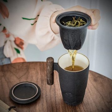 MAVURA Tasse NORDTHAL Teebecher Set Kaffeetasse Teetasse Keramik Tasse mit integriertem Teefilter Holzgriff Mountainblack handgefertigt