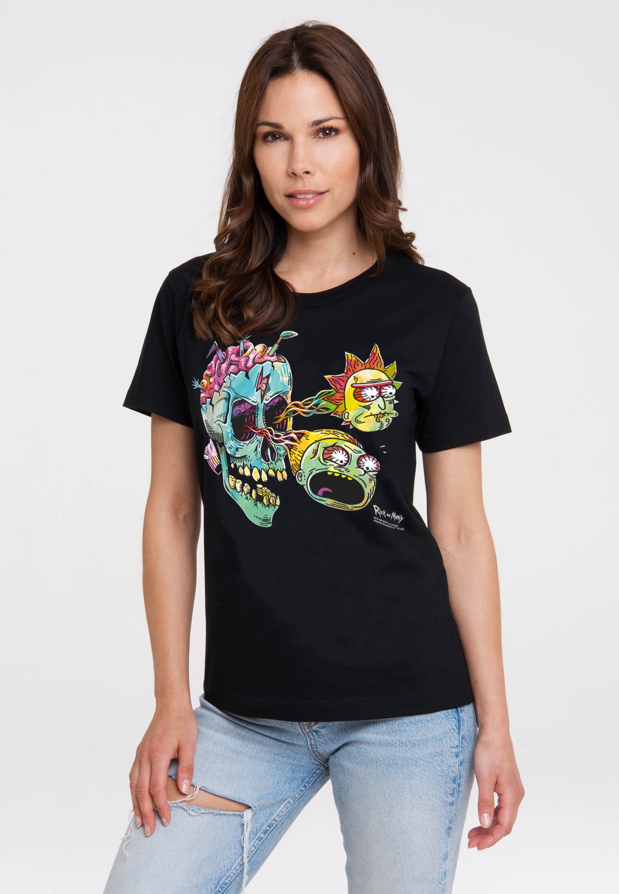 LOGOSHIRT T-Shirt Rick & buntem Highlight Eyeball Print, Mit mit lizenziertem Skull echtes Morty-Frontprint Rick & Morty - ein