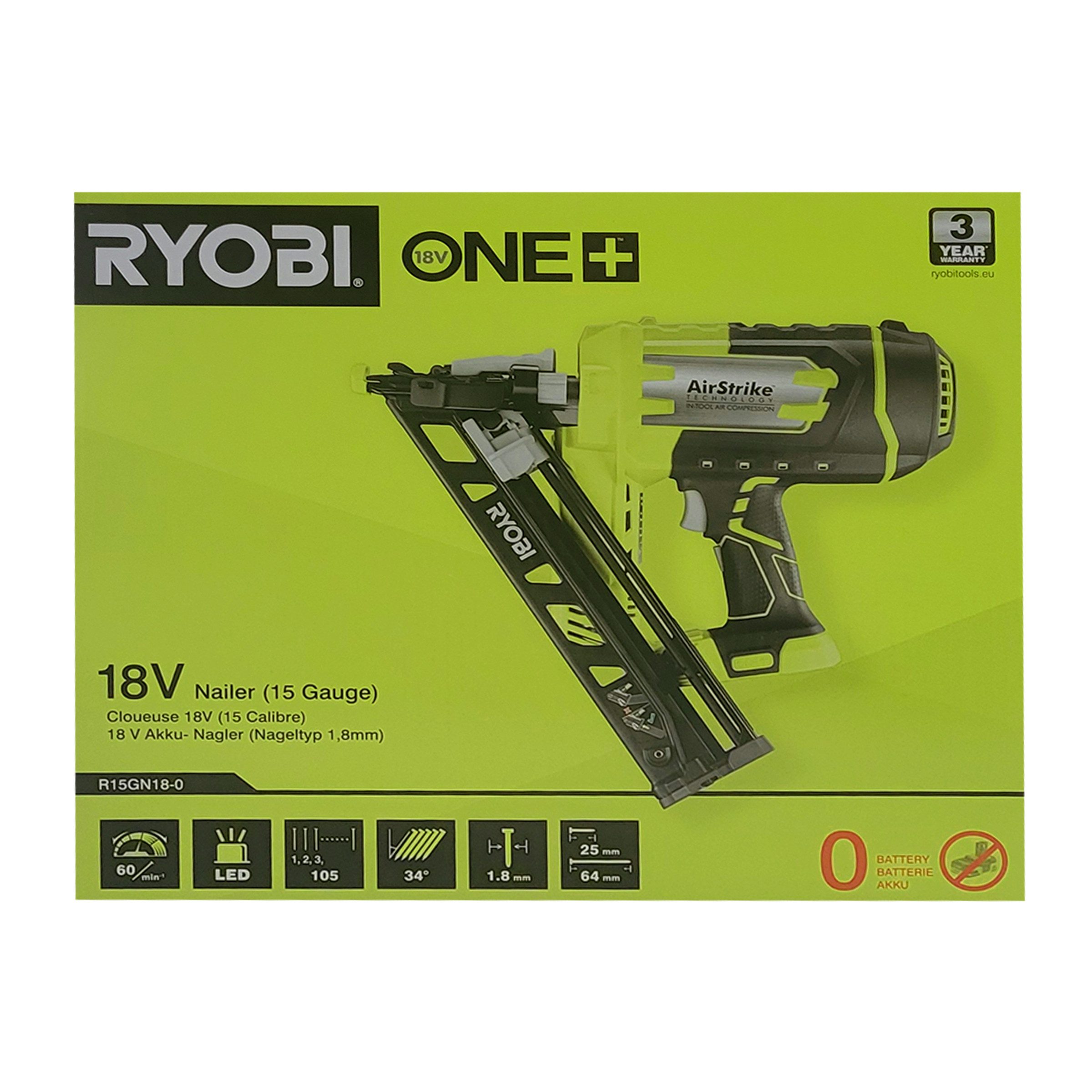 Ryobi Akku-Tacker Ryobi R15GN18-0 – 18V ONE+ AirStrike Akku-Nagler ohne Akku, (1 tlg)