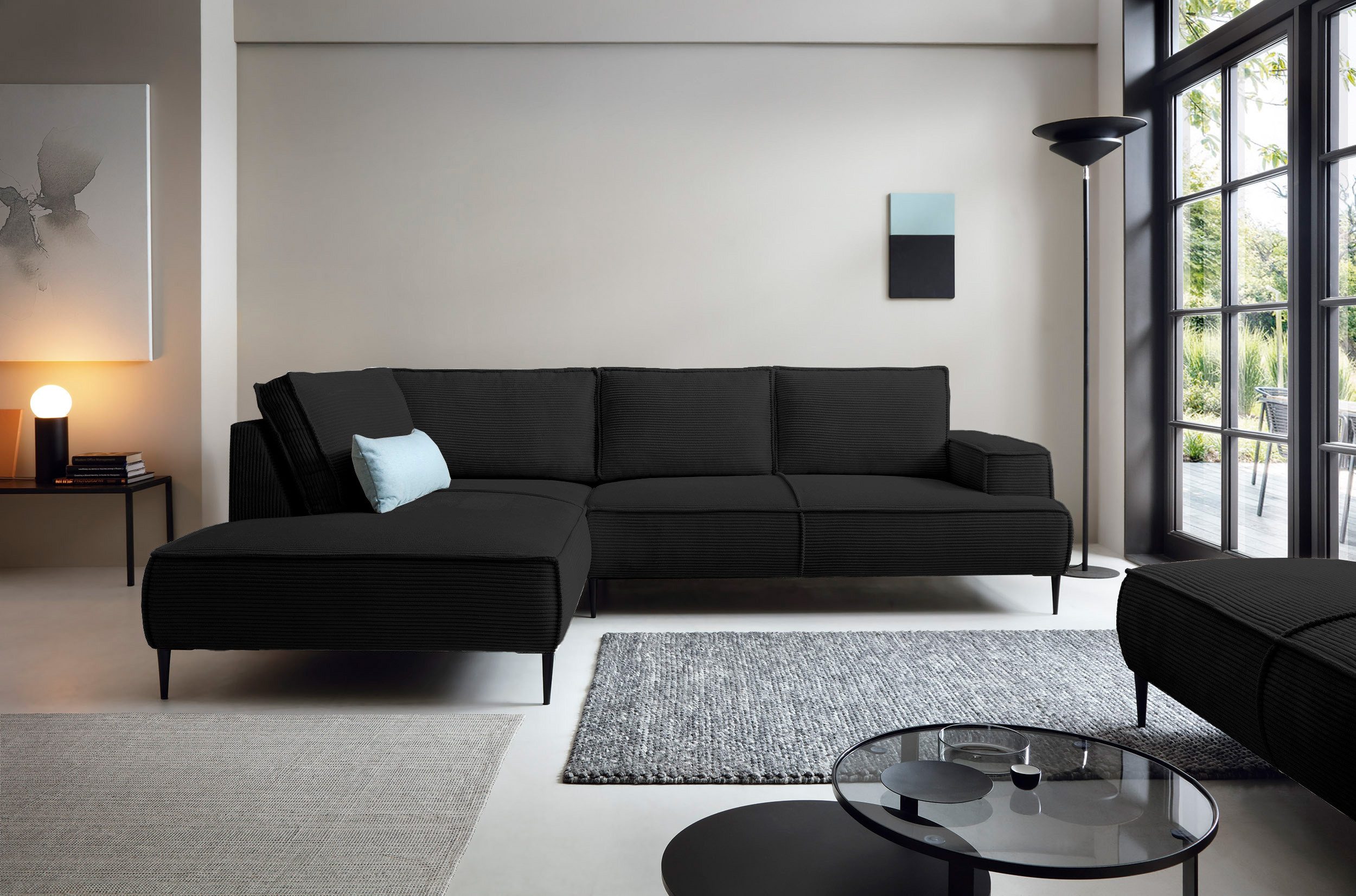 Goldstoff Ecksofa Cord VESPA L Beige – großes Wohnlandschaft Sofa L-Form, Großzügige Sitzfläche