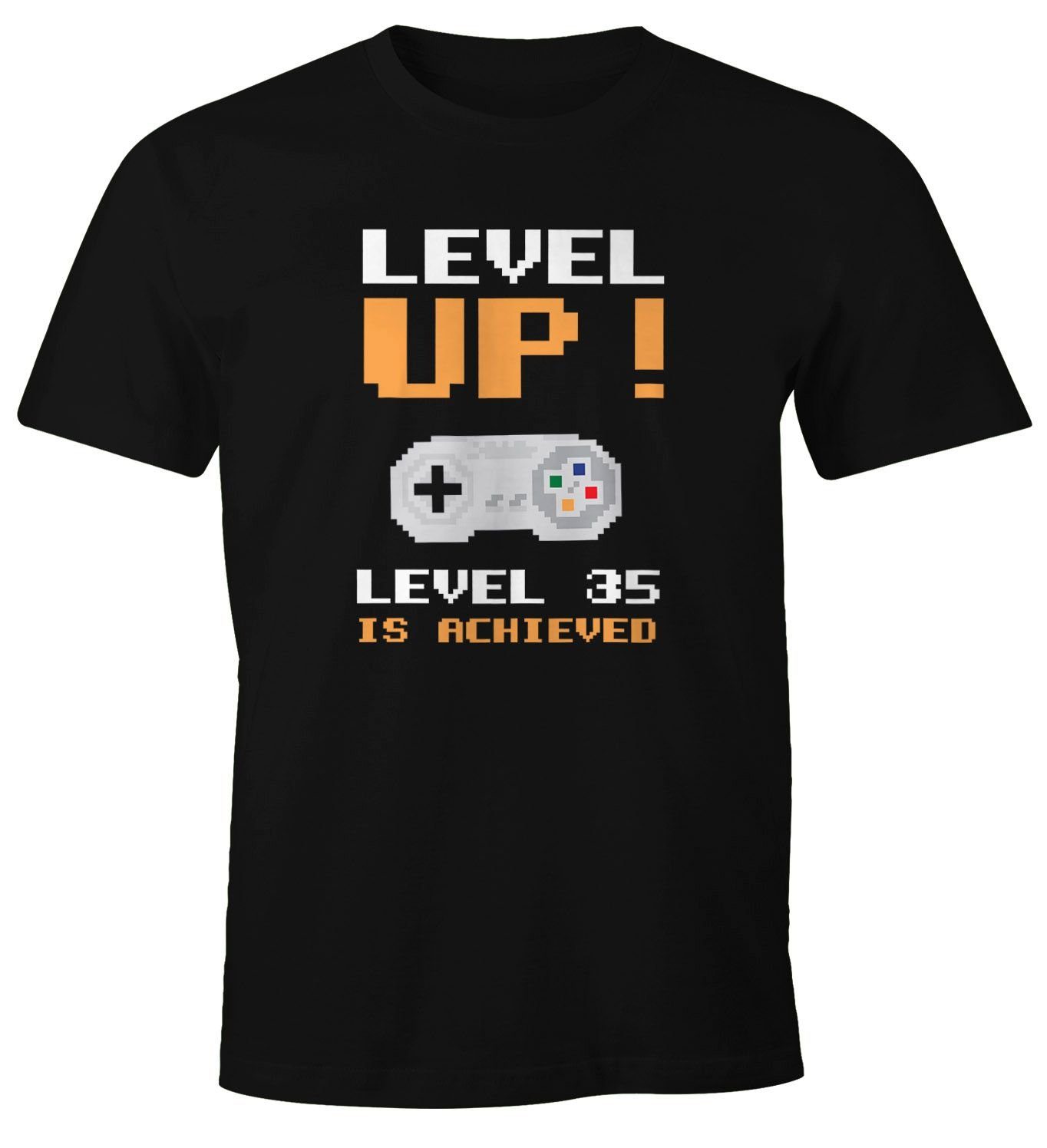 Controller Retro Geburtstag schwarz 35 Up Pixel Moonworks® T-Shirt Herren Print Geschenk Level Fun-Shirt mit Print-Shirt Pixelgrafik MoonWorks Gamer Arcade